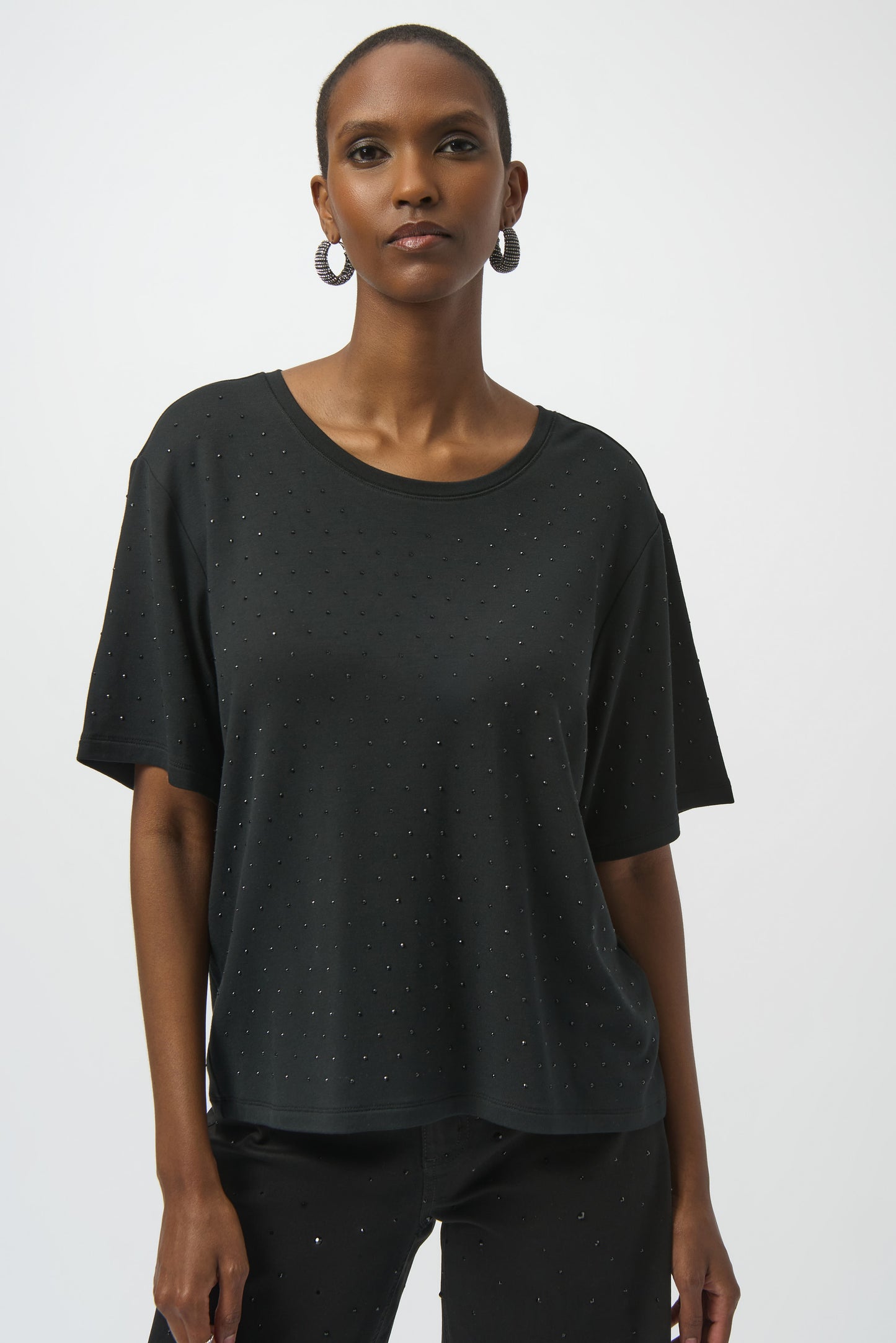 Joseph Ribkoff Knit Scoop Neck T-Shirt w/Rhinestones Black 254968