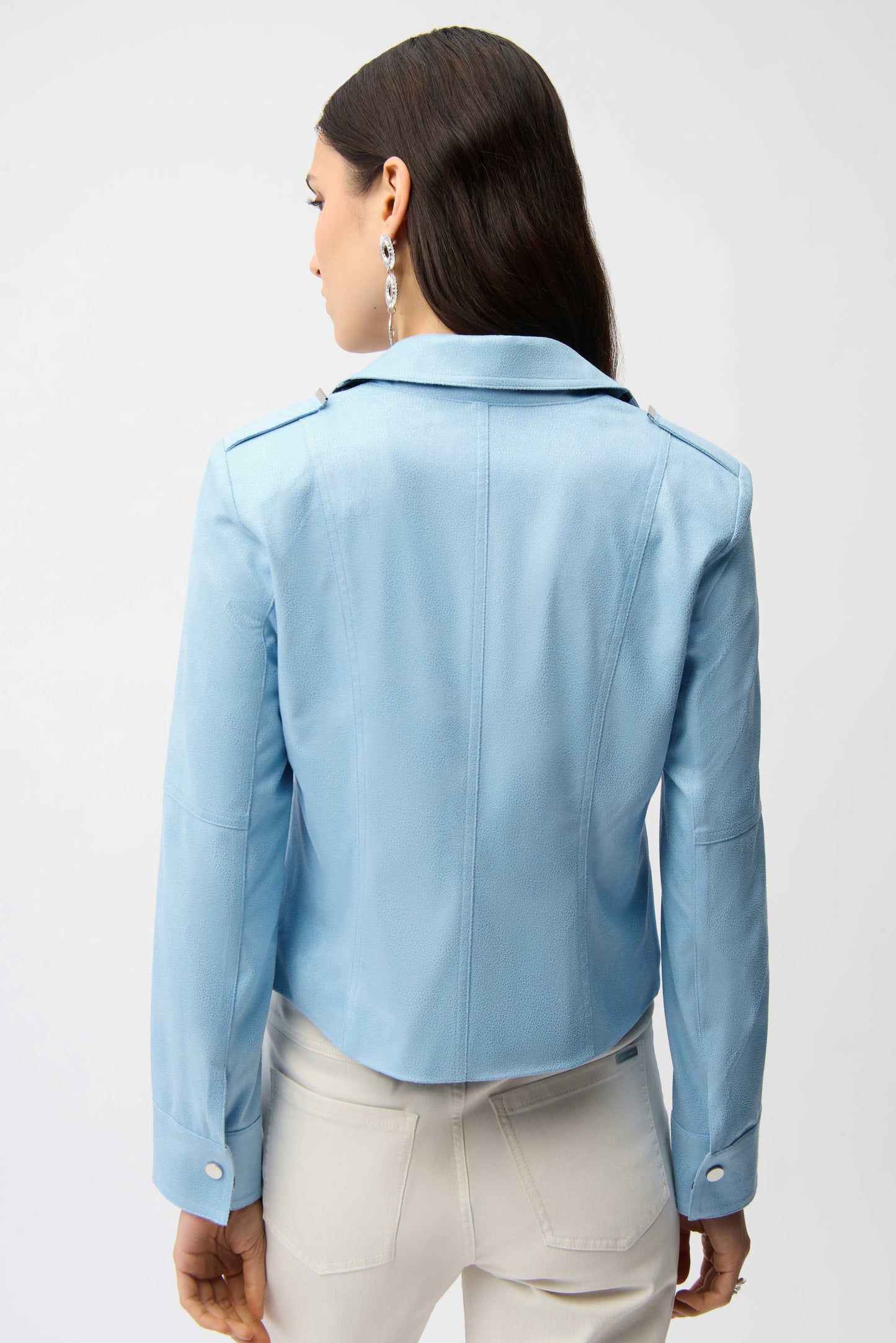 Joseph Ribkoff Foiled Faux Suede Fitted Jacket with Decorative Buckles Sky Blue 261910