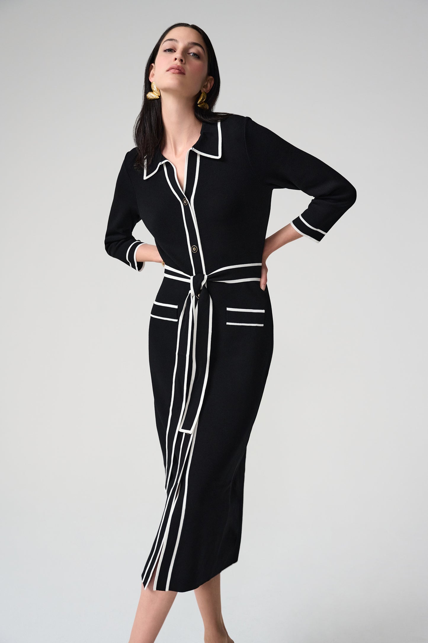 Joseph Ribkoff Viscose Sweater Knit Shirt Dress w/Contrast Piping And Sash Black/Vanilla 261944