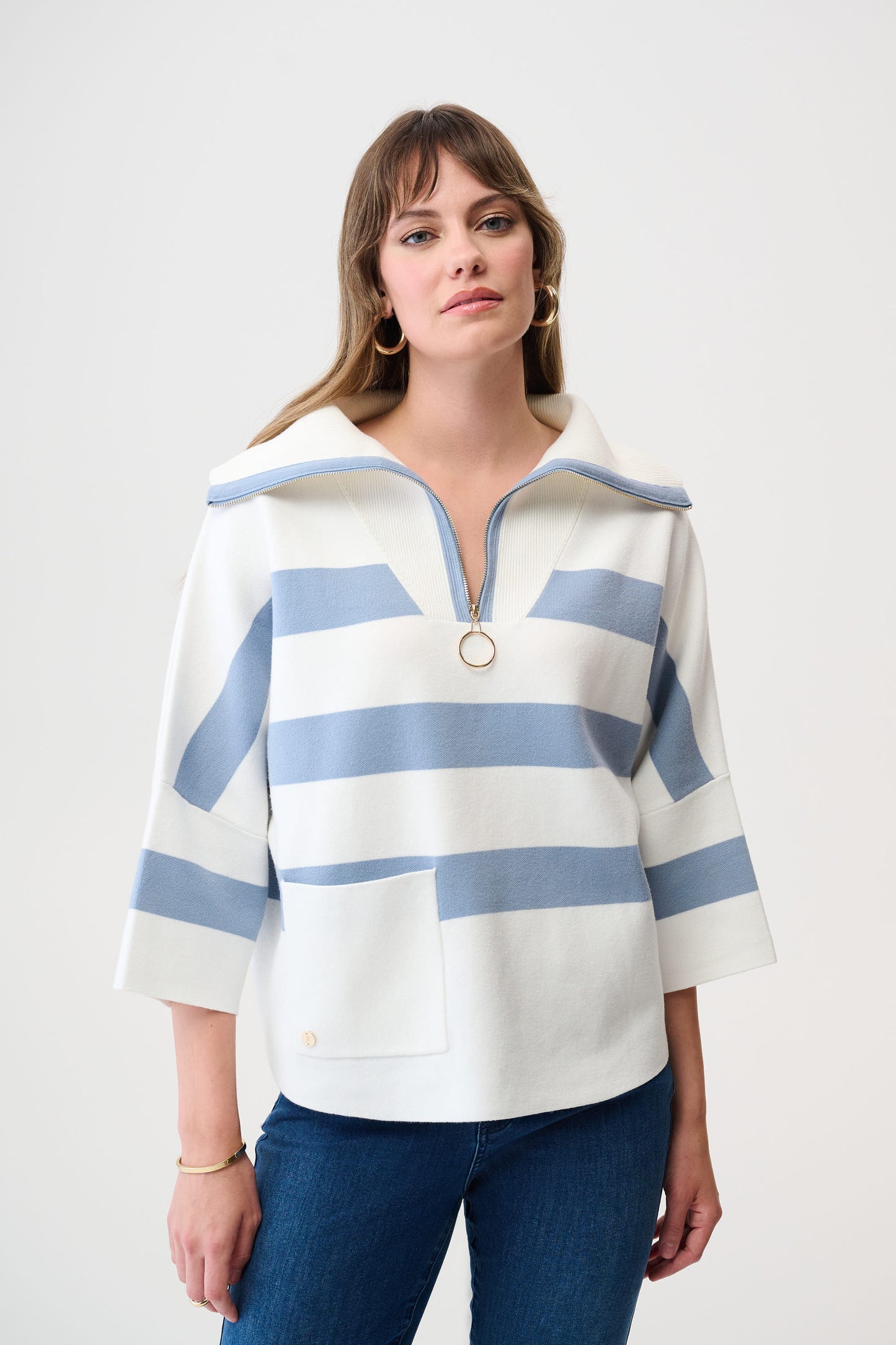 Joseph Ribkoff Stripe Print Boxy Sweater w/ Zipped Collar Winter White/Chambray 261983