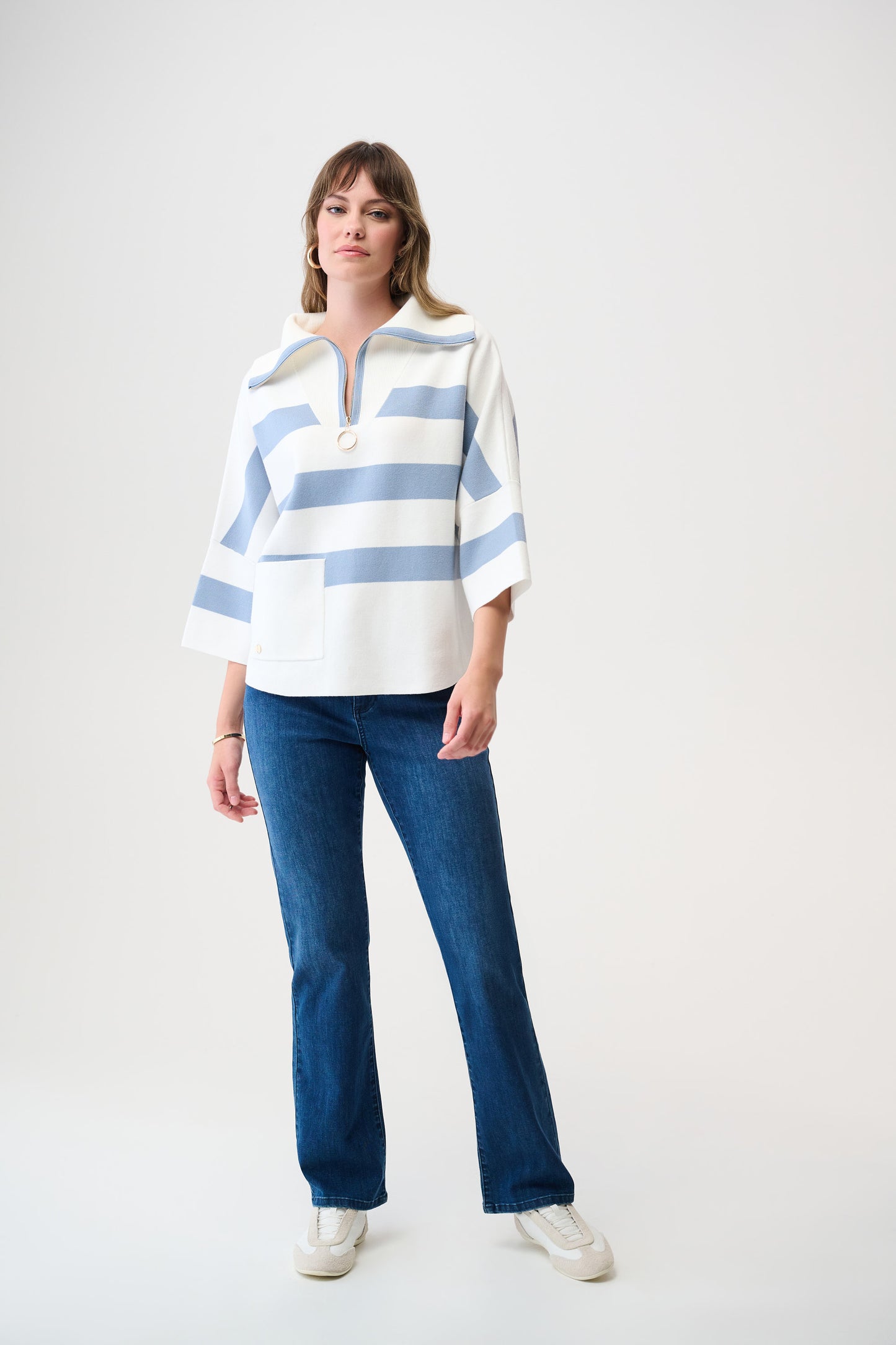 Joseph Ribkoff Stripe Print Boxy Sweater w/ Zipped Collar Winter White/Chambray 261983