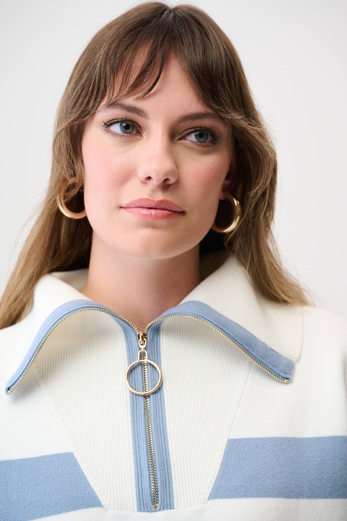 Joseph Ribkoff Stripe Print Boxy Sweater w/ Zipped Collar Winter White/Chambray 261983