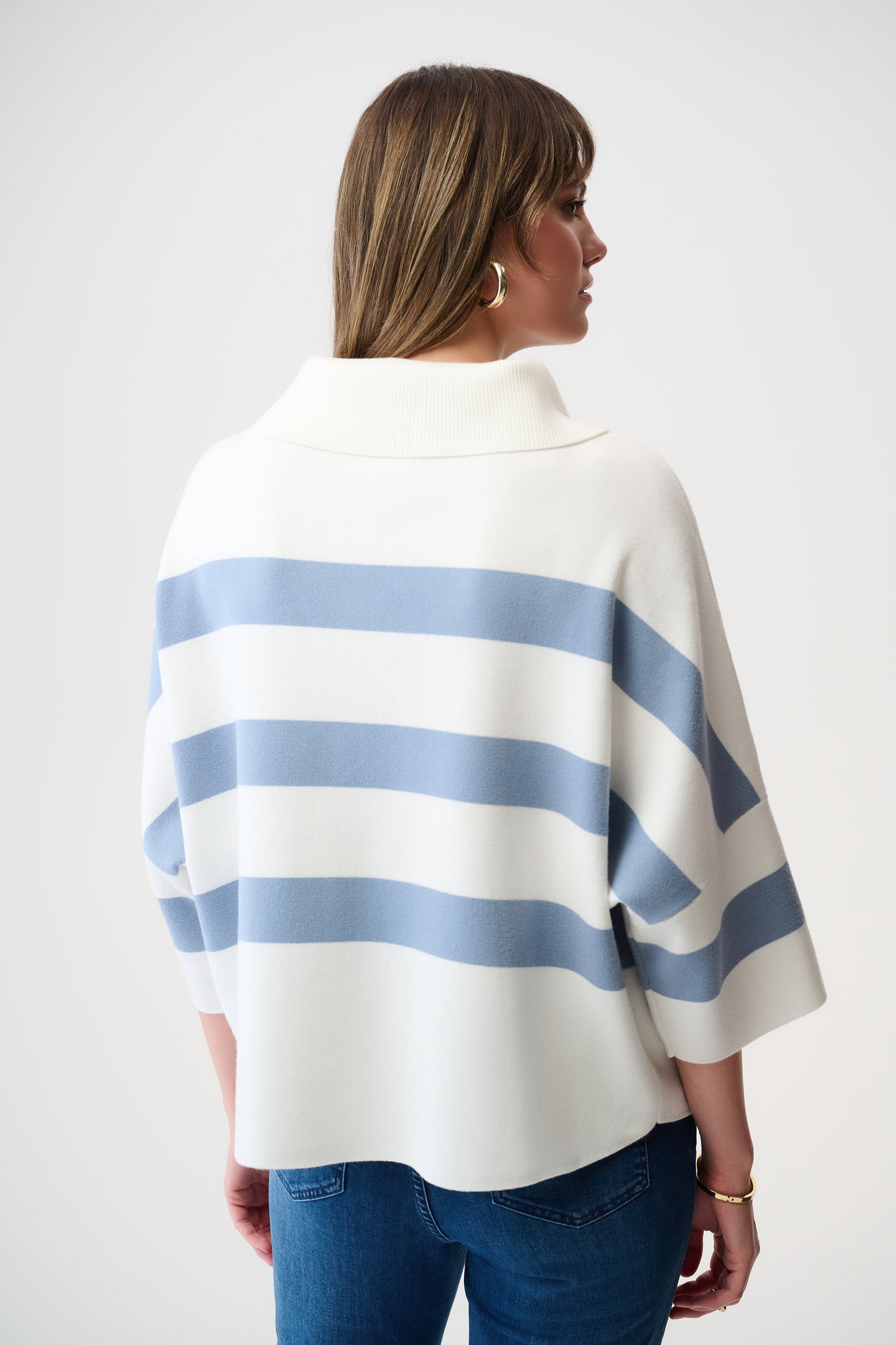 Joseph Ribkoff Stripe Print Boxy Sweater w/ Zipped Collar Winter White/Chambray 261983