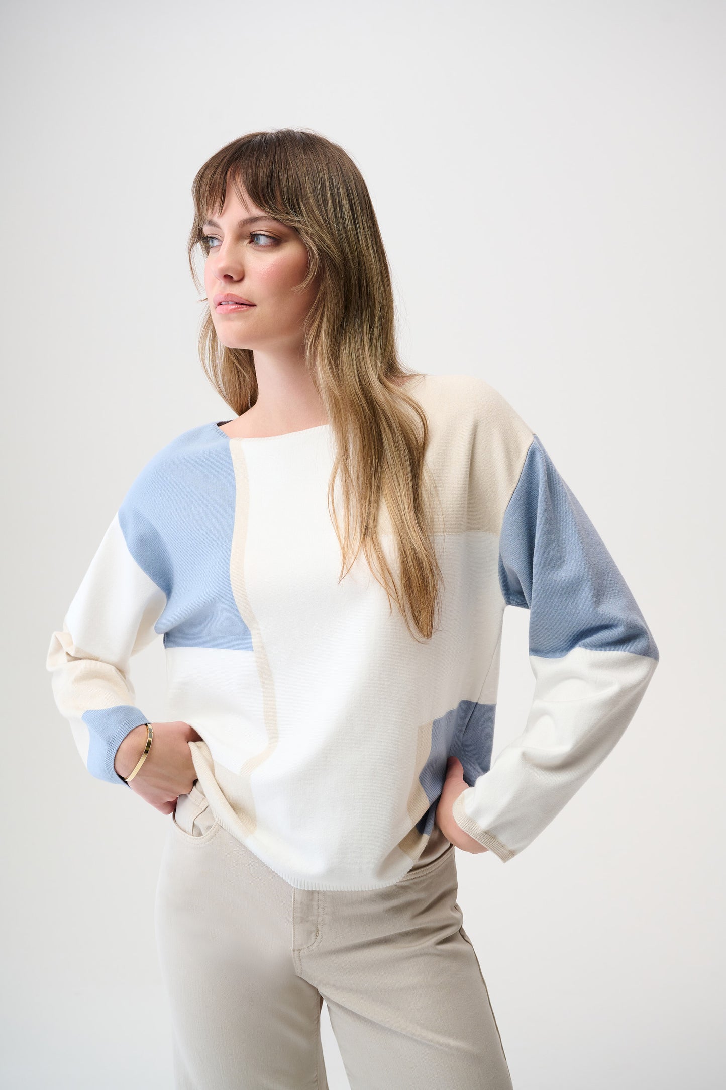 Joseph Ribkoff Brushed Viscose Yarn Color Block Sweater Coastal Blue 261998