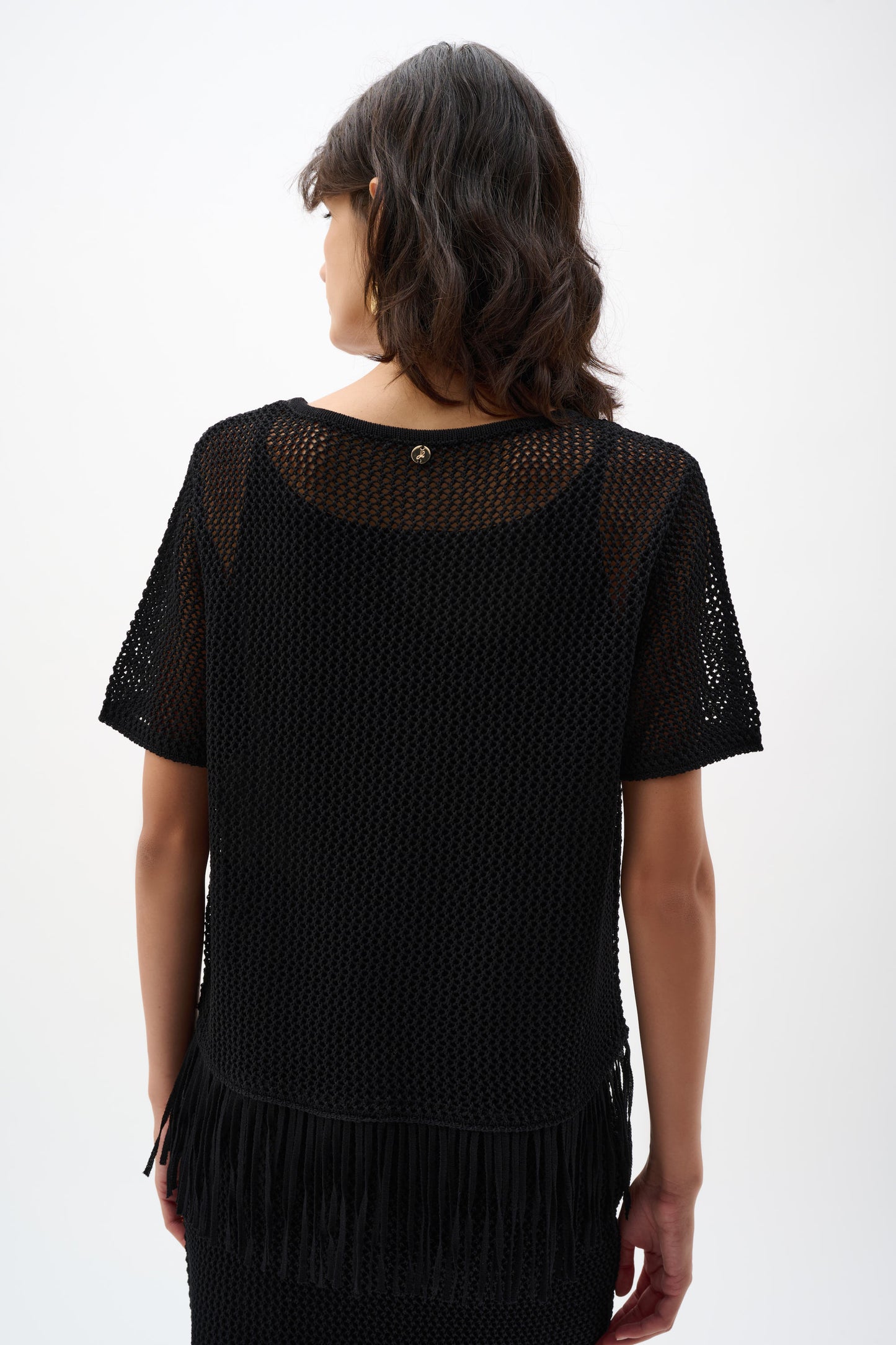 Joseph Ribkoff Open Knit S/S Top with Fringe Hem Black 262928-11