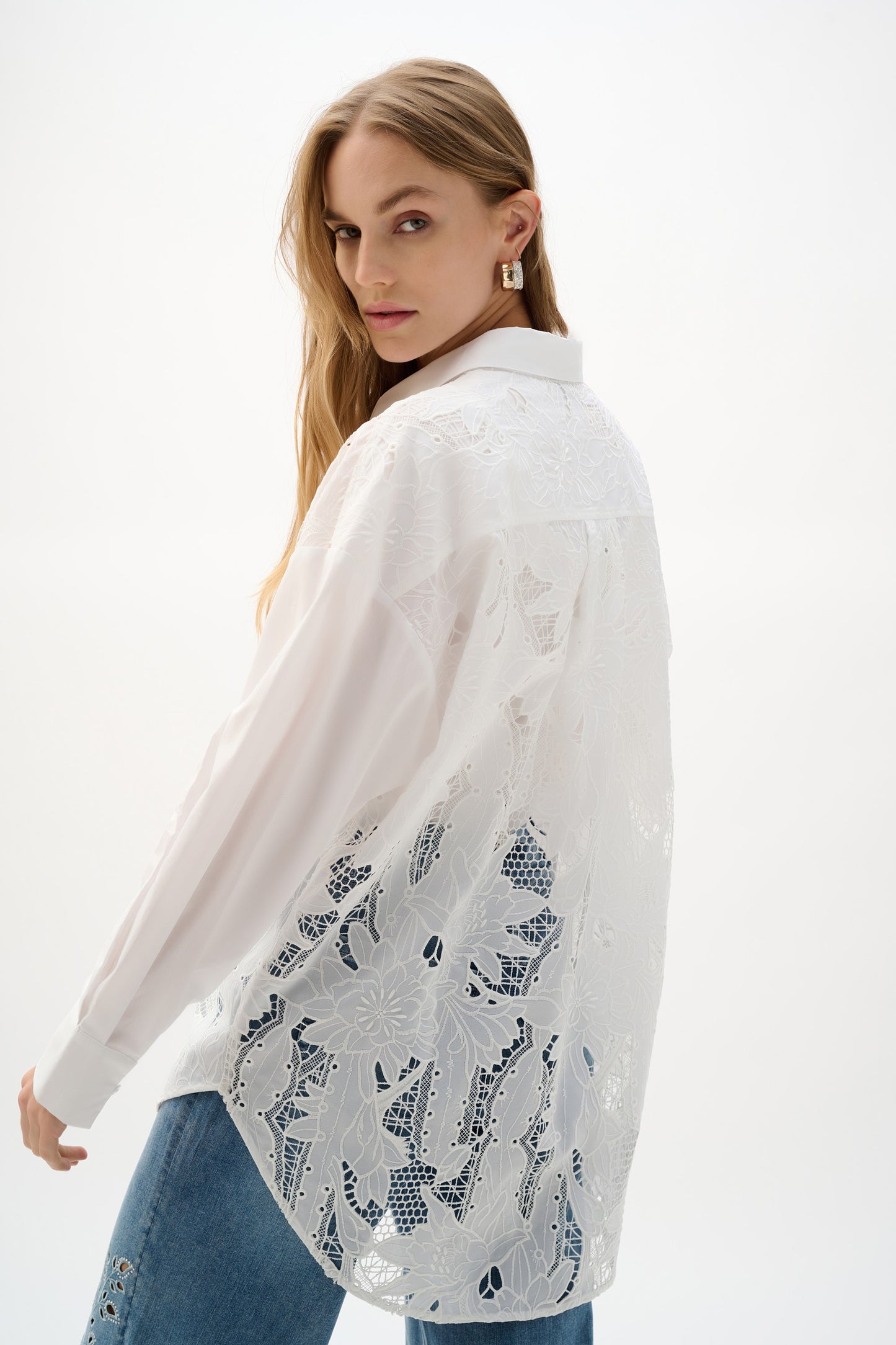 Joseph Ribkoff Cotton Lace Boxy Blouse With Embroidery White 262952-12