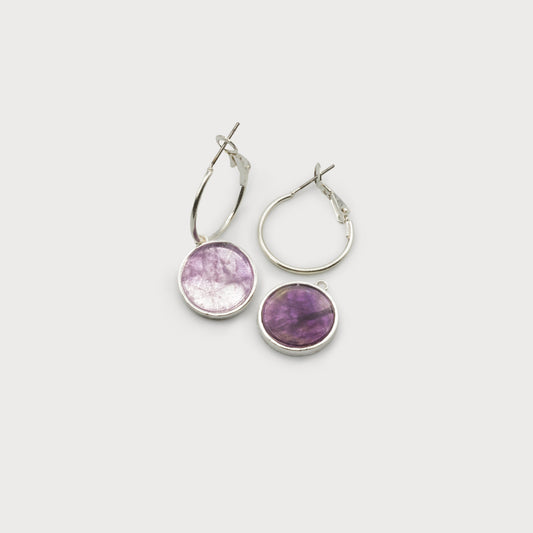 Caracol Purple & Silver Flat Natural Stones on Hoops 2639-PUR-S