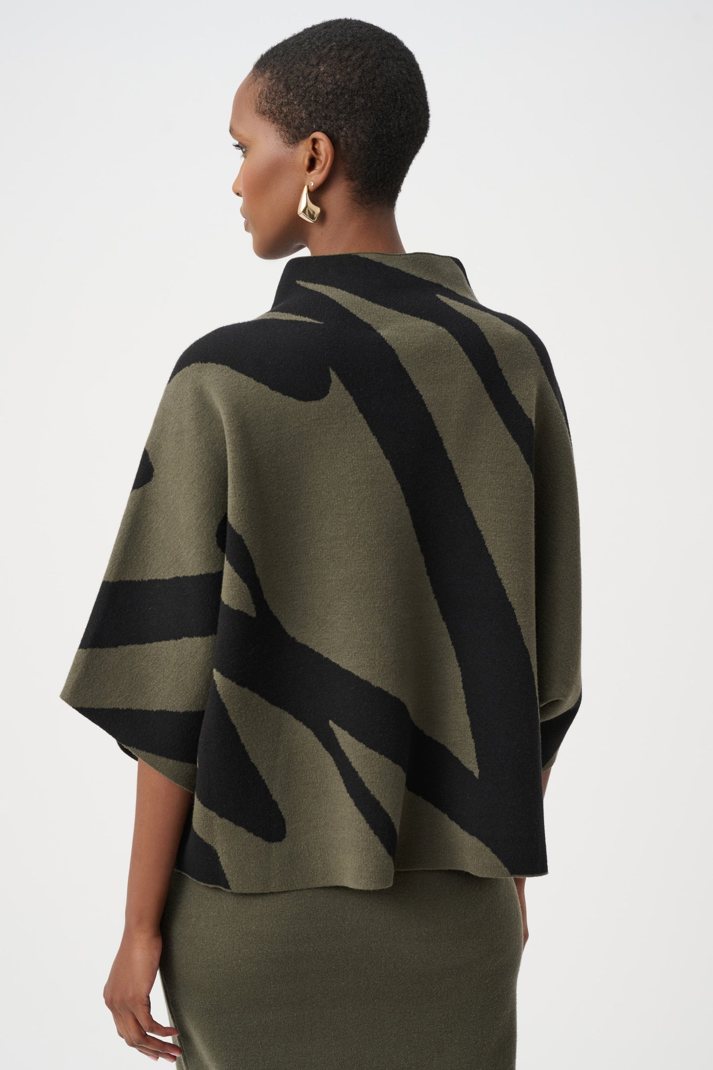 Joseph Ribkoff Abstract Jacquard Funnel-Neck Boxy Sweater Avocado/Black 263936