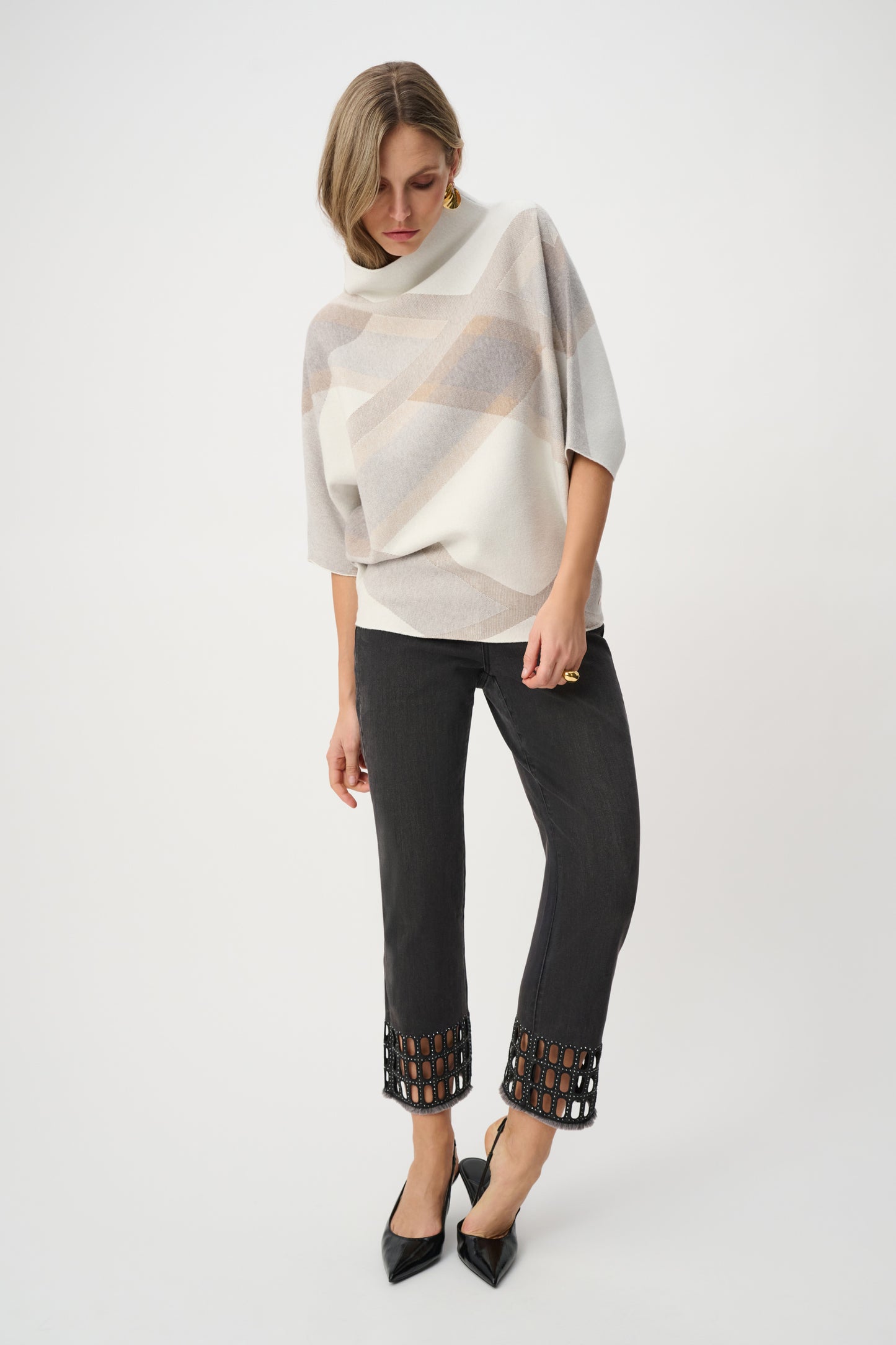 Joseph Ribkoff Brushed Viscose And Nylon Plaid Funnel-Neck Sweater Winter White/Multi 263947