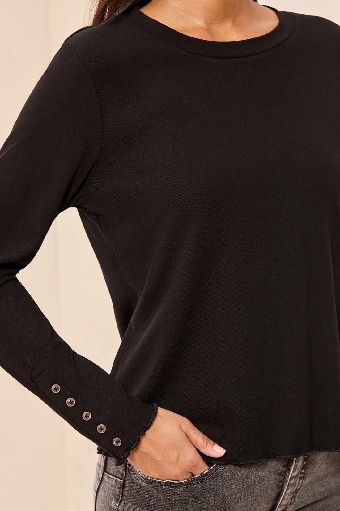 Tribal Long Sleeve Crew Neck Top w/Button Detail Black 31740-8514-0002