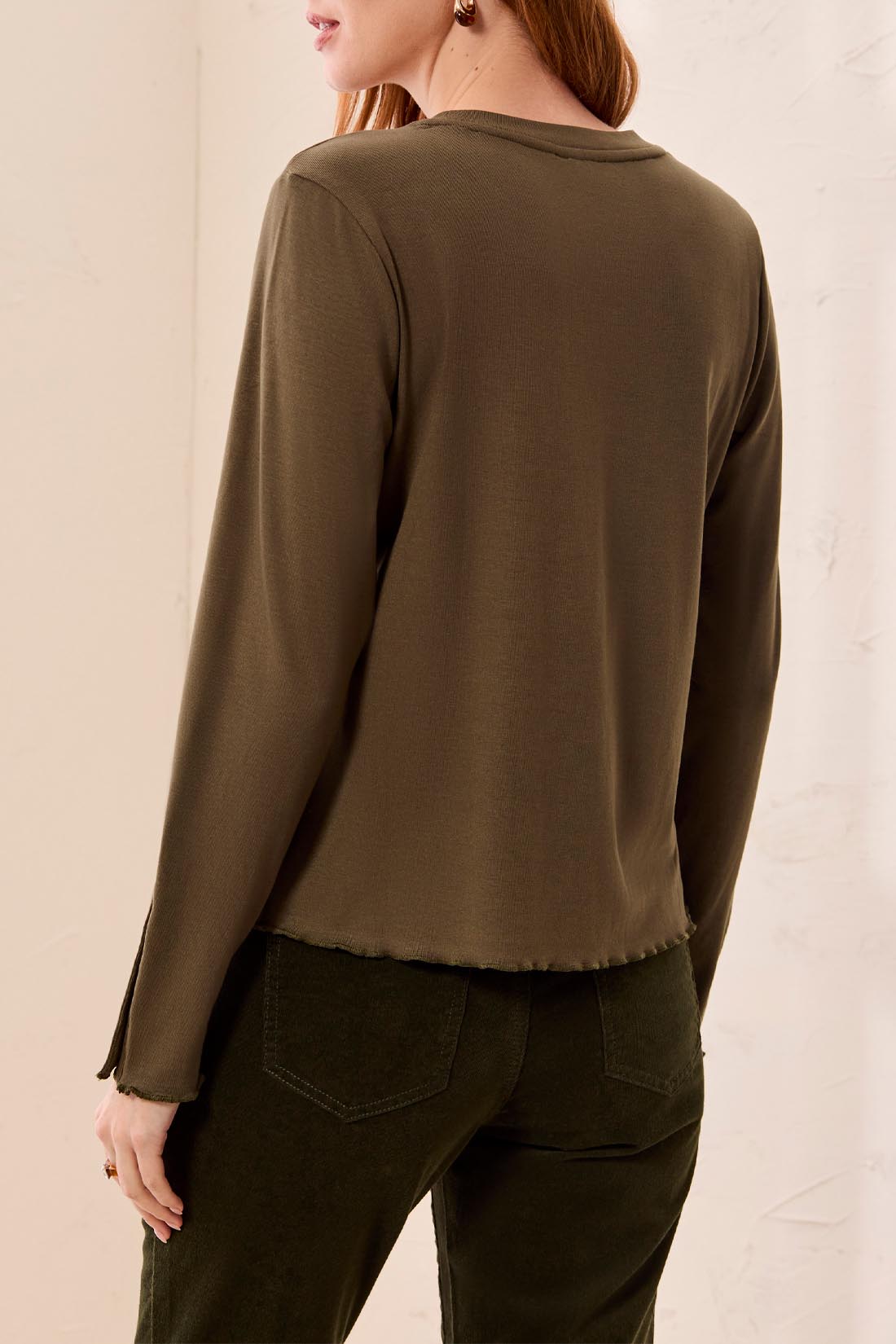 Tribal Long Sleeve Crew Neck Top w/Button Detail Basil 31740-8514-1218
