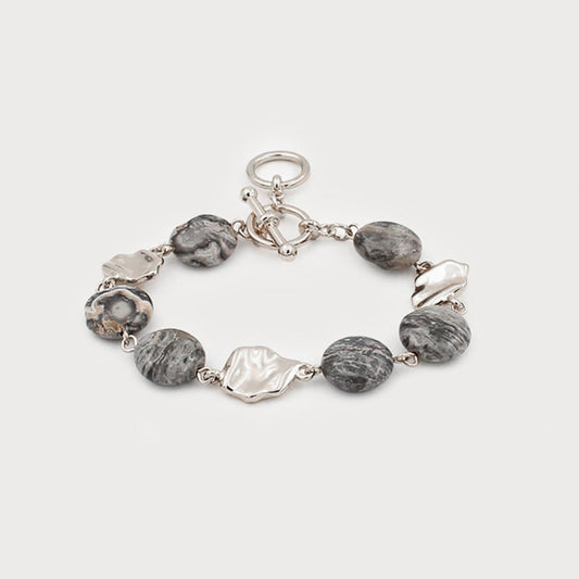 Caracol Bracelet Alternating Natural Stones & Hammered Metal Parts w/T-Shaped 3352-GRY-S