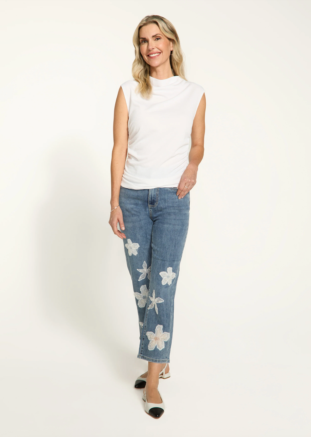 FDJ Ruched Cap Sleeve Top White 3679964