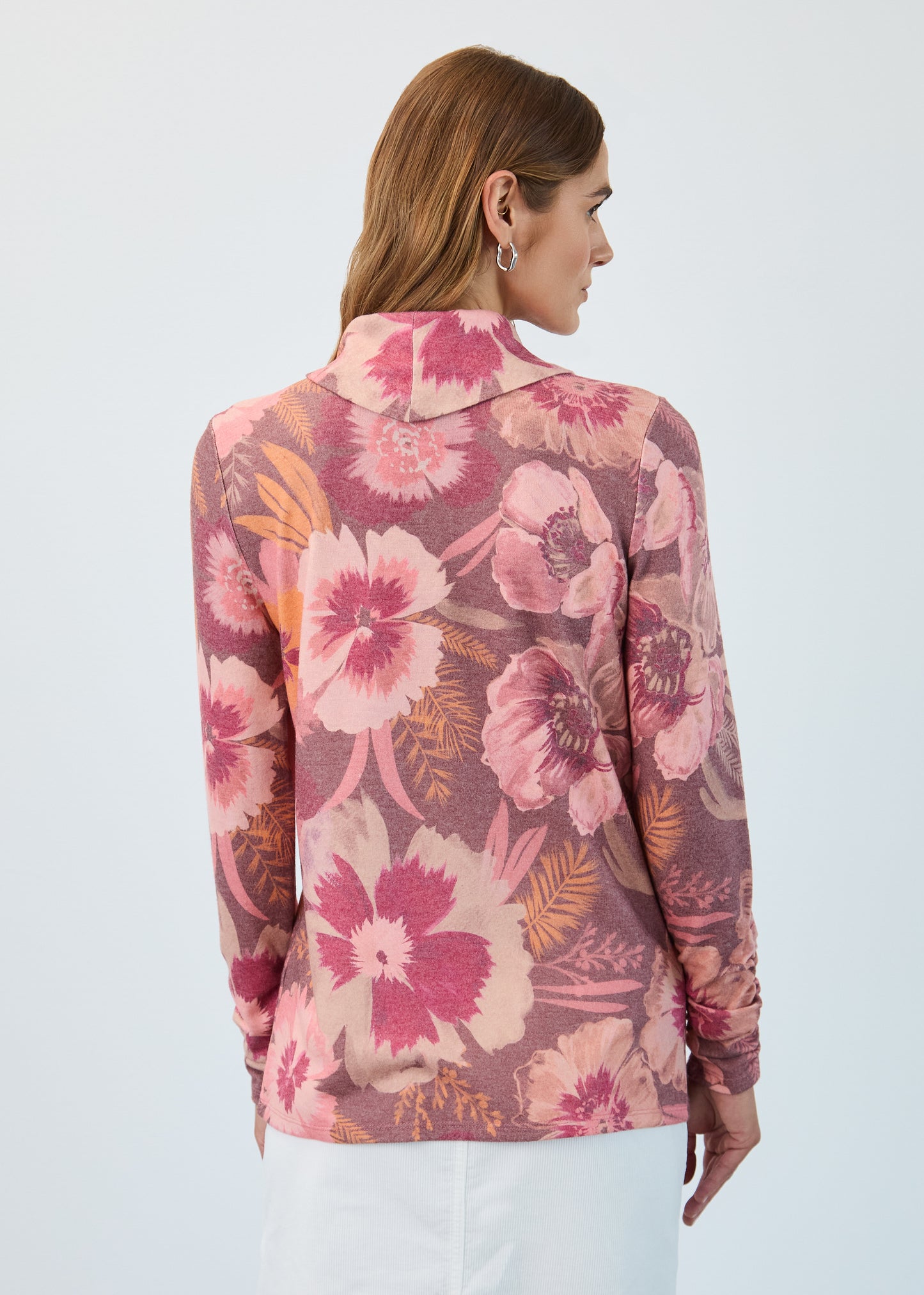 FDJ Long Sleeve Cowl Neck Top Coral Fall Botanical 3866742