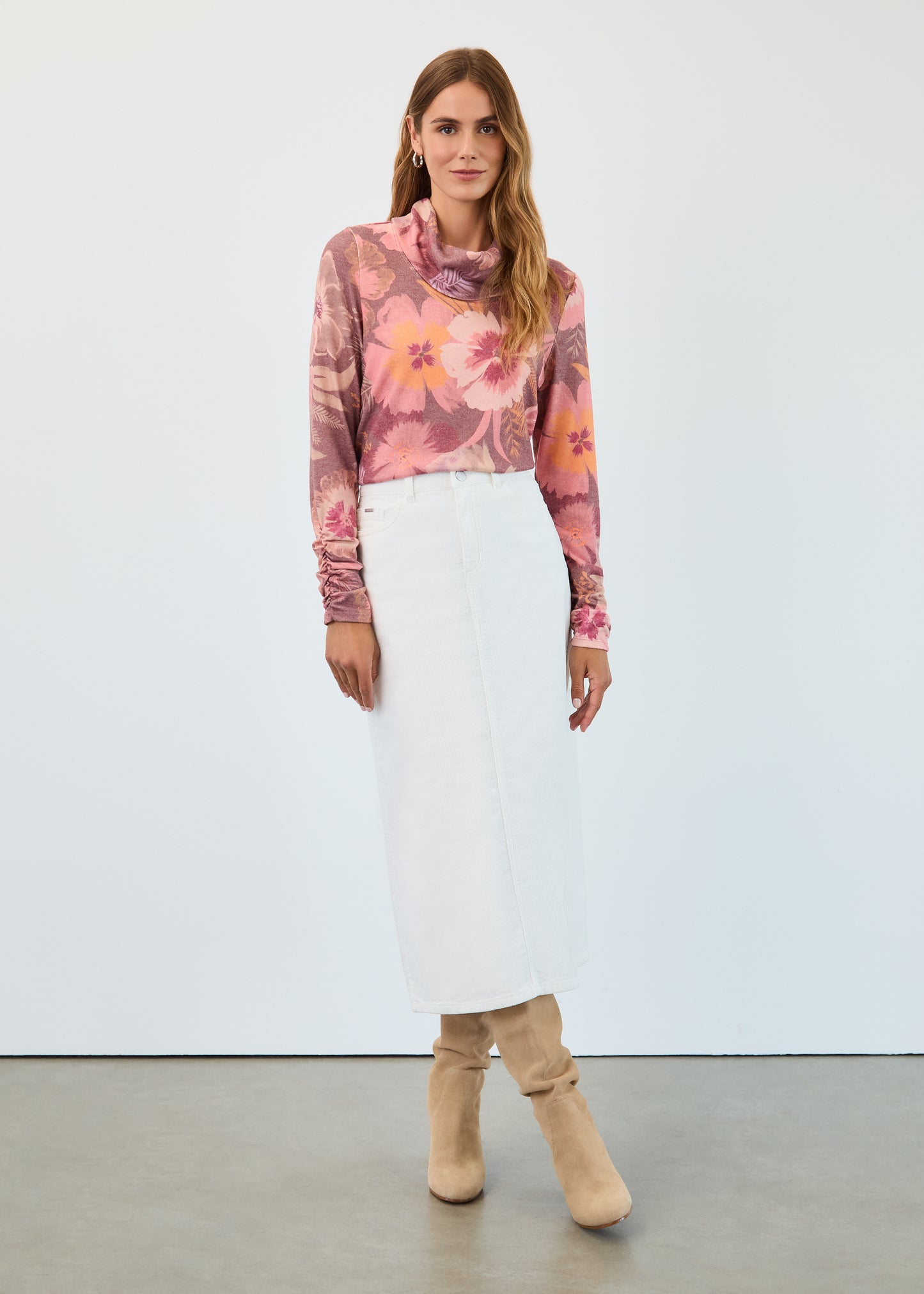 FDJ Long Sleeve Cowl Neck Top Coral Fall Botanical 3866742