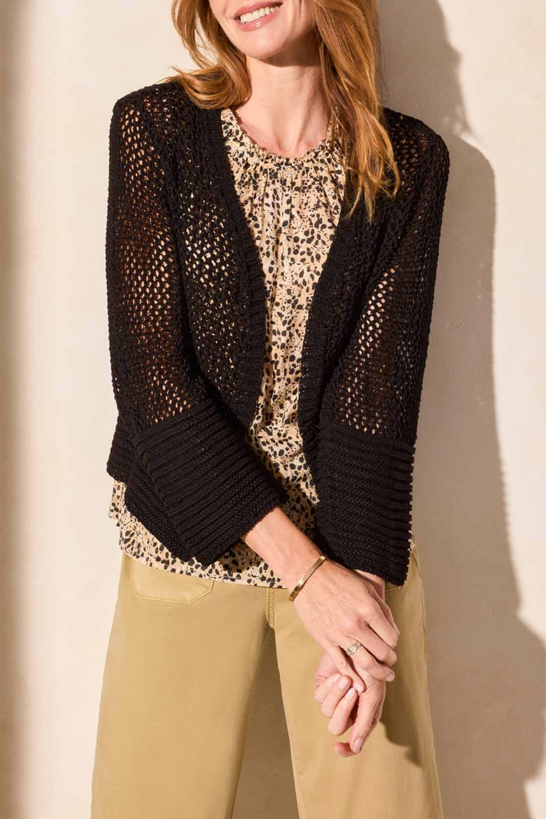 Tribal Bell Sleeve Open Stitch Sweater Cardigan Black 57580-5245-0002
