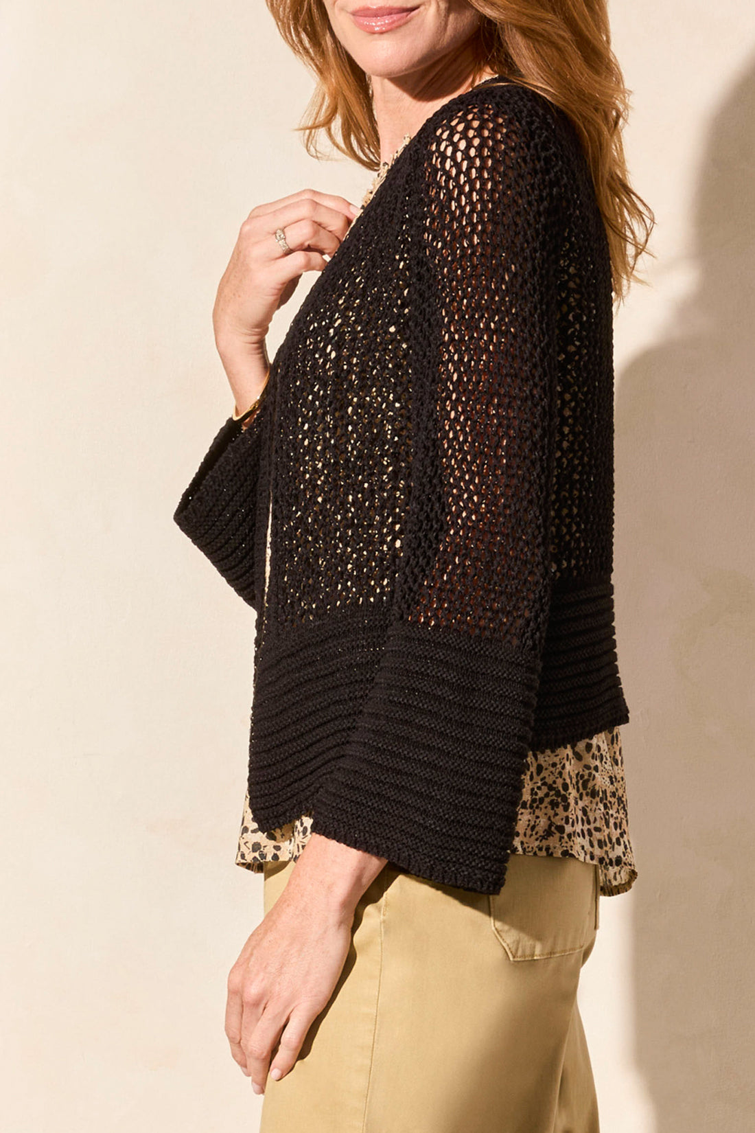 Tribal Bell Sleeve Open Stitch Sweater Cardigan Black 57580-5245-0002