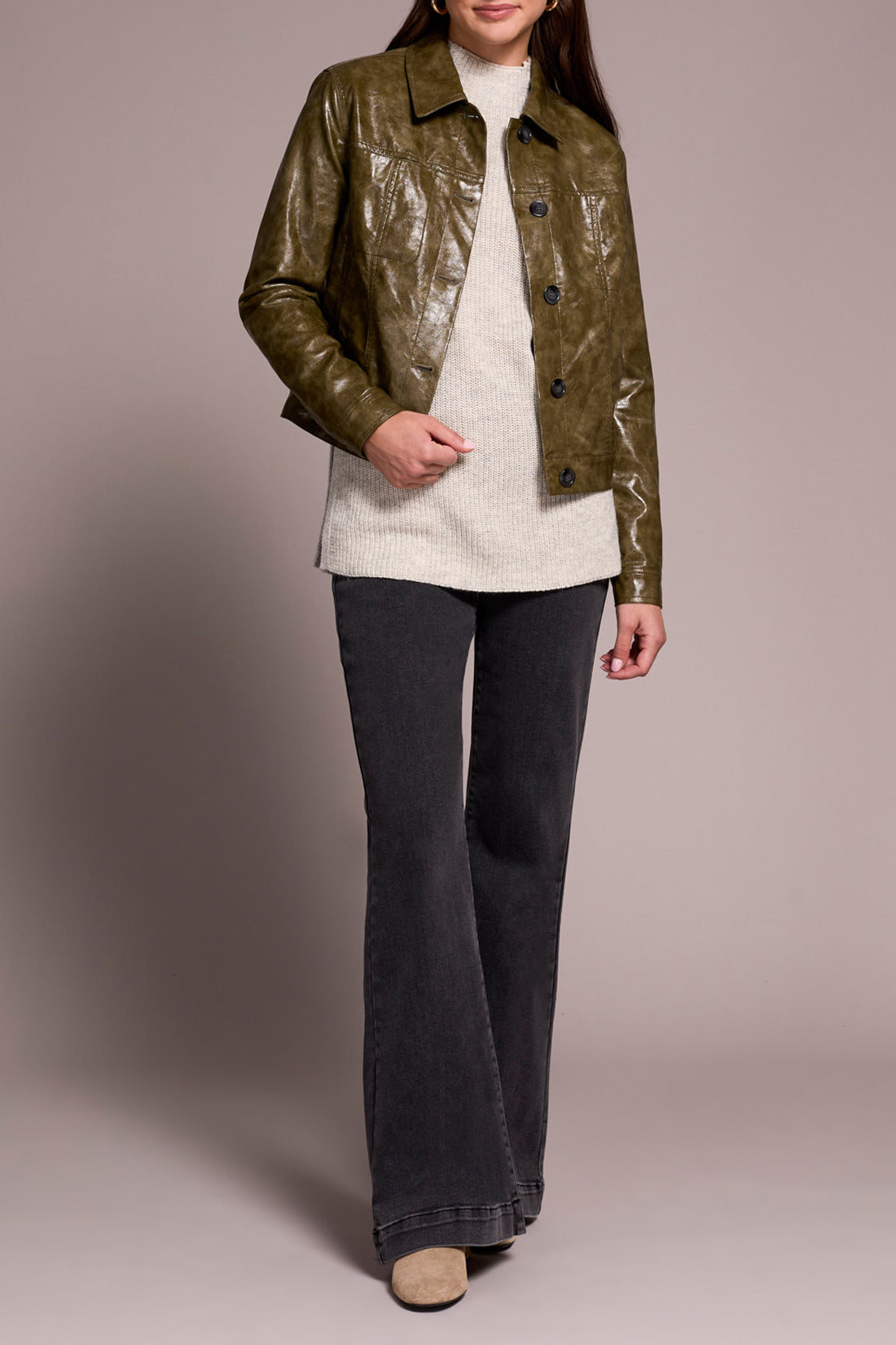 Tribal Button Front Faux Leather Jacket Olive Leaf 59210-5358-3255