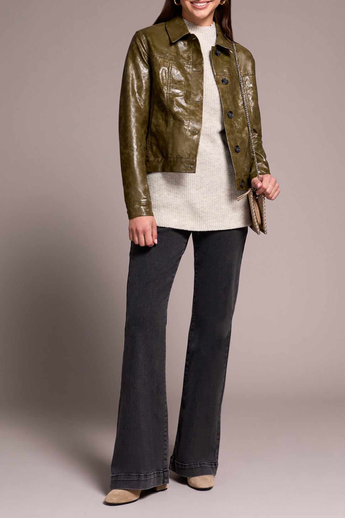 Tribal Button Front Faux Leather Jacket Olive Leaf 59210-5358-3255