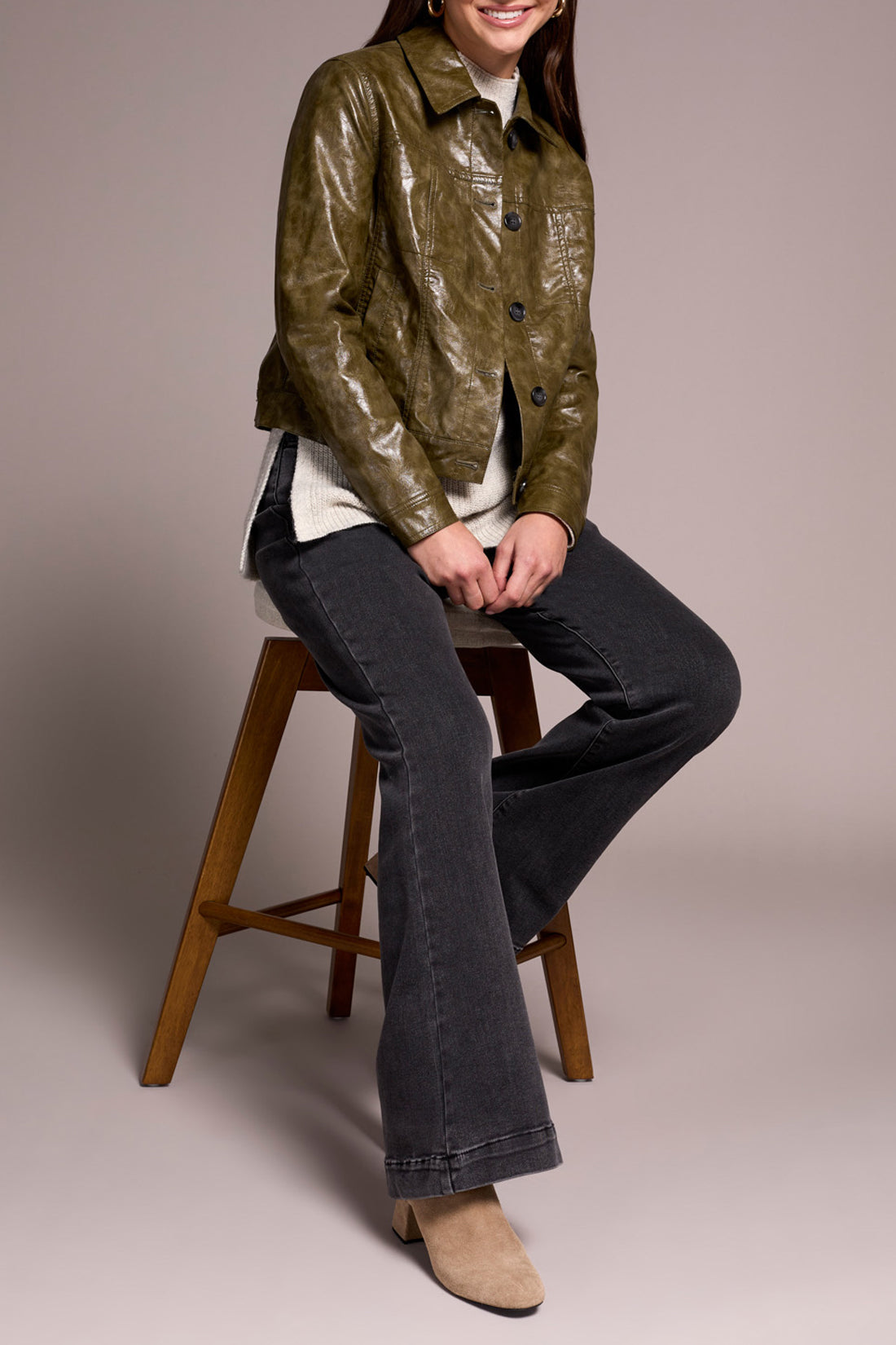 Tribal Button Front Faux Leather Jacket Olive Leaf 59210-5358-3255
