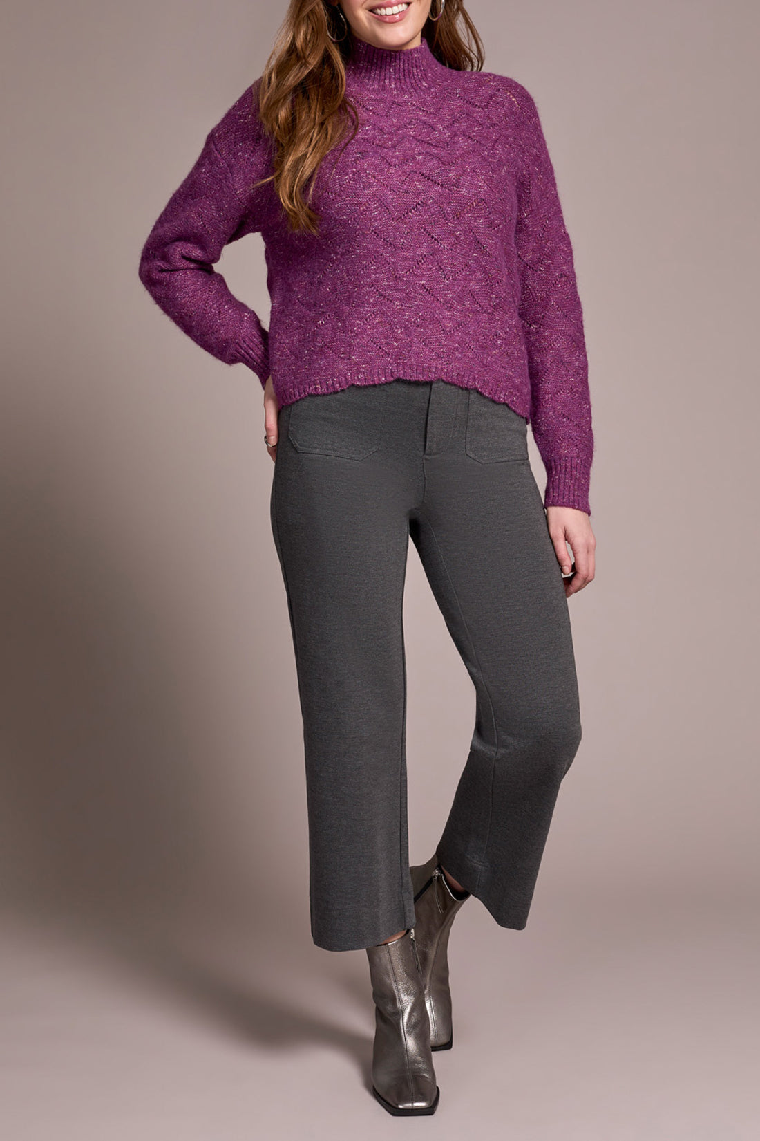 Tribal Mock Neck Puff Sleeve High Low Sweater M Dahlia Mauve 59430-5035-3289