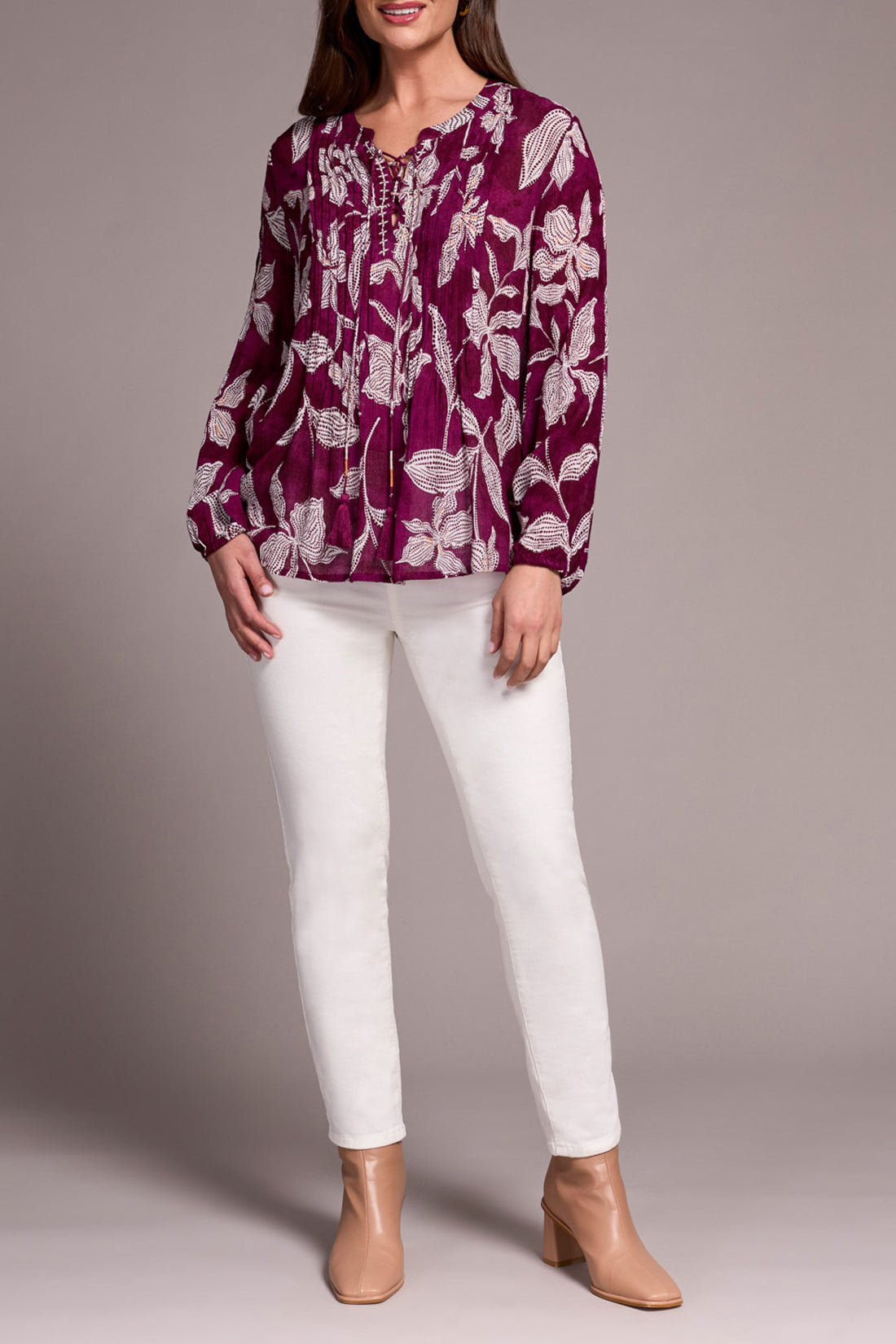 Tribal Blouse w/Pintuck and Lace Up Plumwine 59890-5101-1324