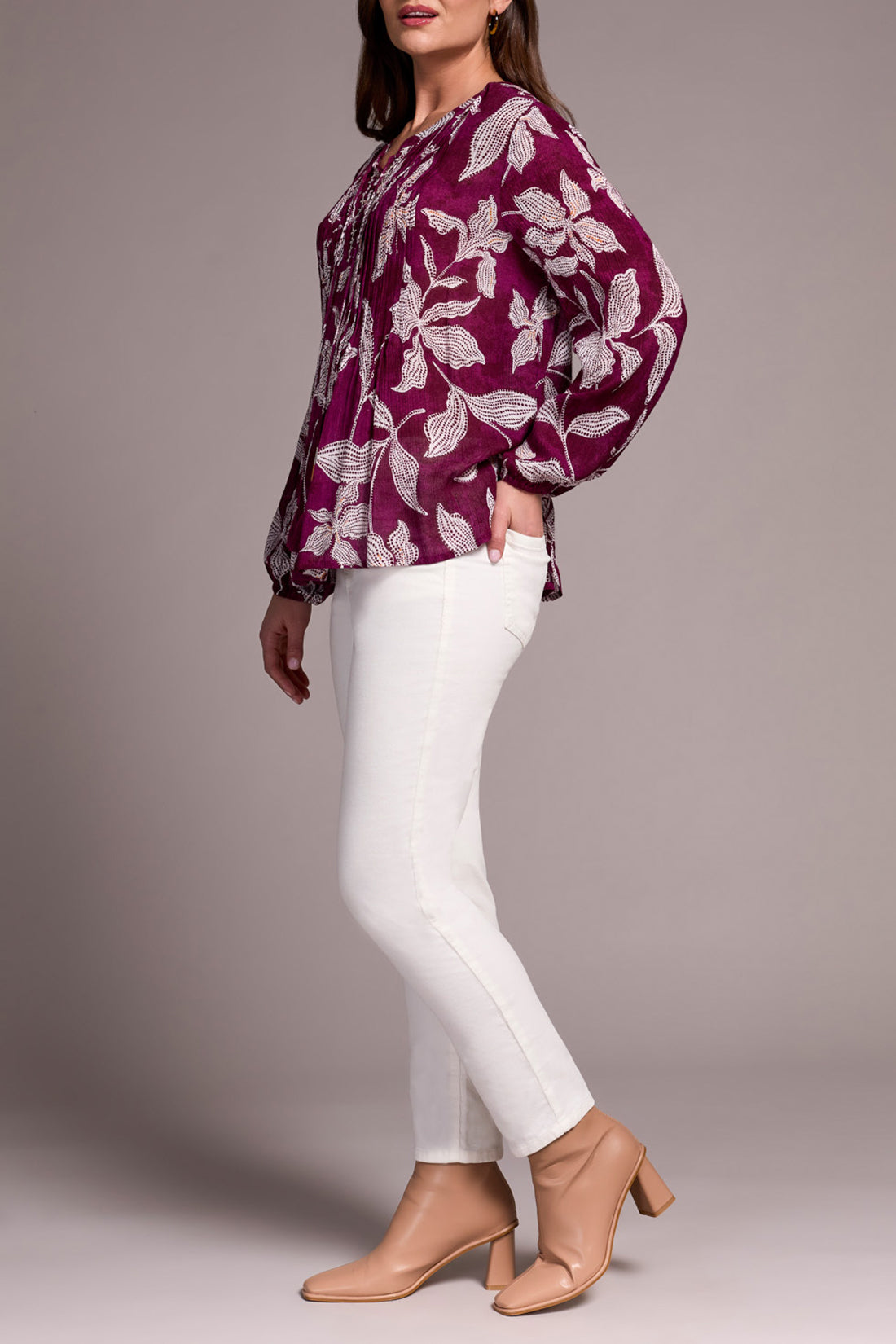 Tribal Blouse w/Pintuck and Lace Up Plumwine 59890-5101-1324