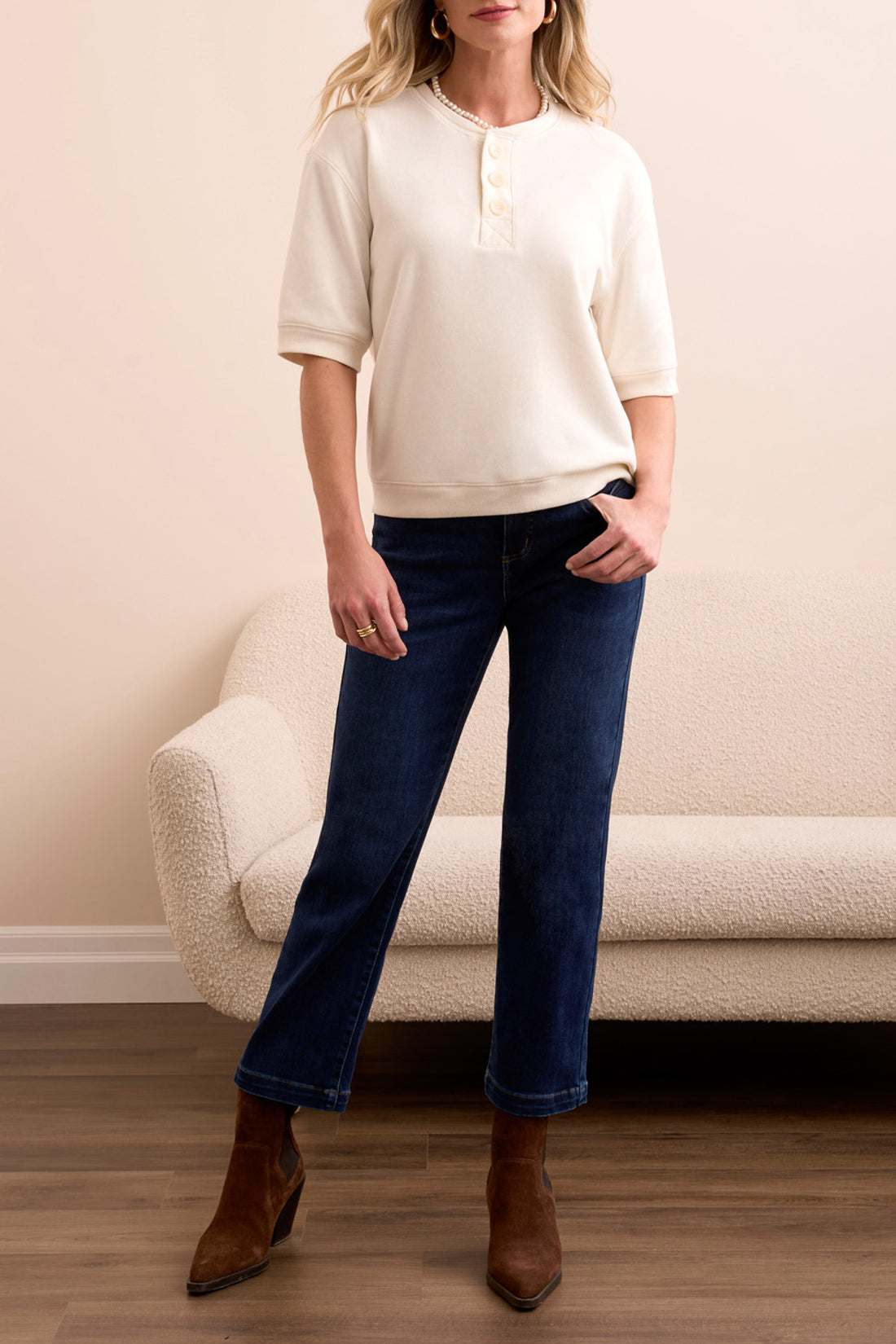 Tribal Elbow Sleeve Crew Neck Top w/Buttons Cream 60410-5141-0026