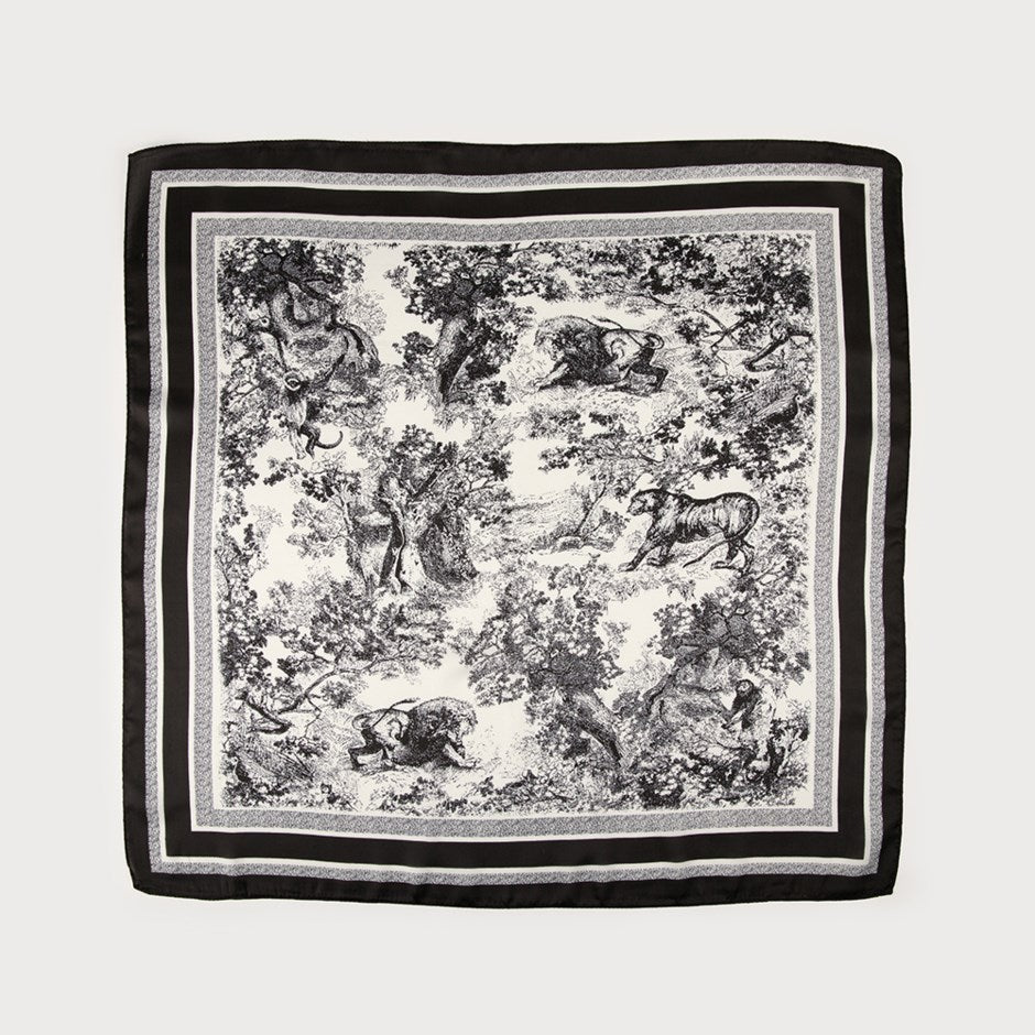 Caracol Satin Squared Scarf w/Toile de Jouy Print Black 6236-BLK