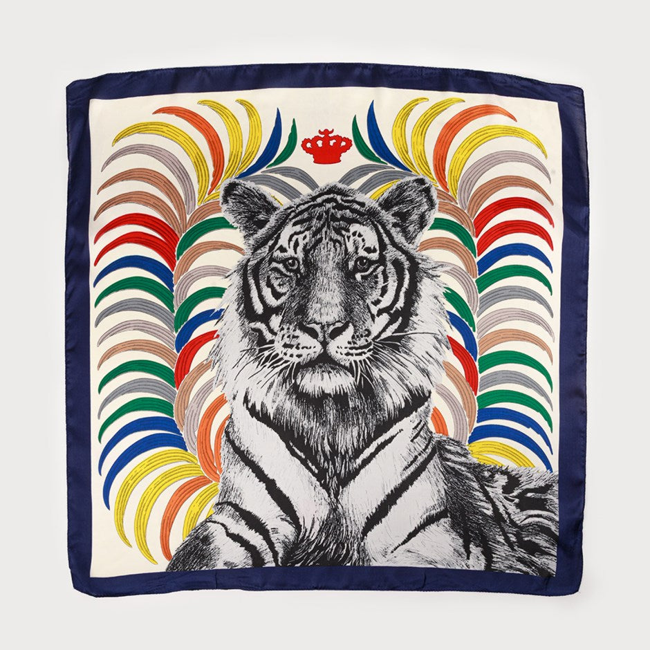 Caracol Satin Squared Scarf w/Colourful Lines & Tiger Navy 6237-NAV