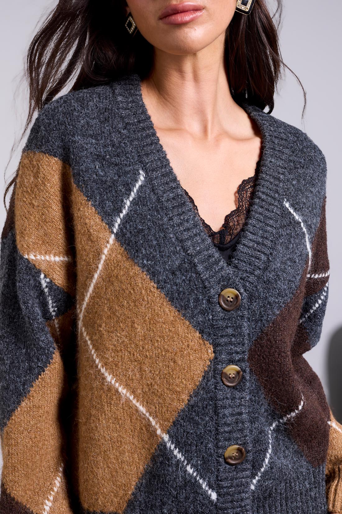 Tribal Lofty Argyle Sweater Cardigan Charcoal 62630-5630-0367