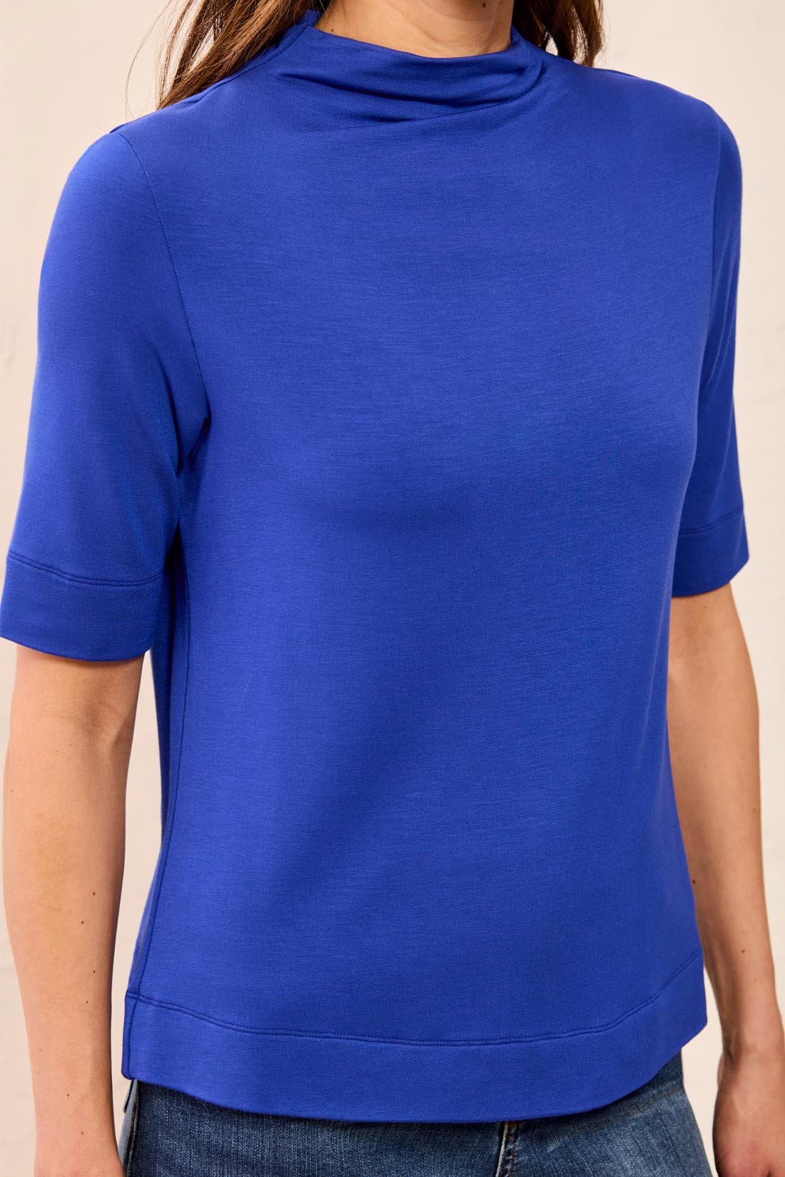 Tribal Funnel Neck Elbow Sleeve Knit Top Electric Blue 63000-2422-1991