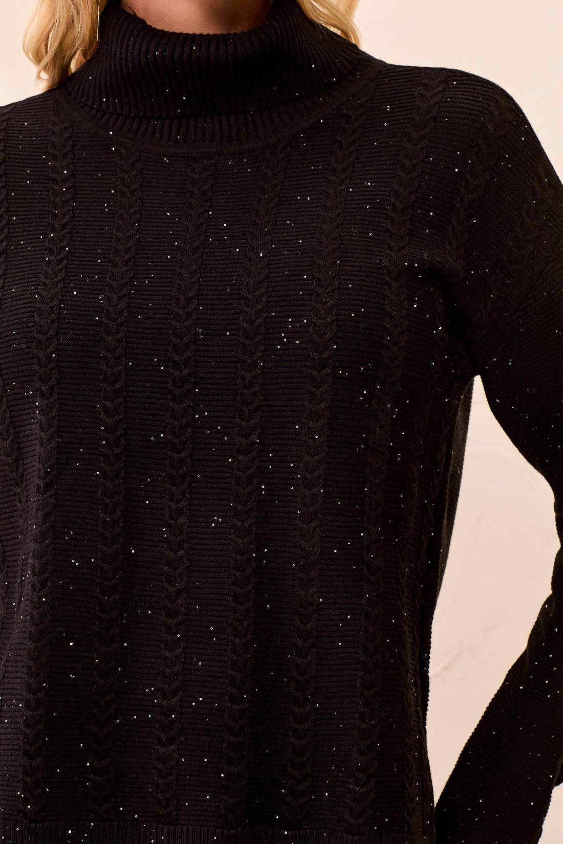 Tribal Turtleneck Cable Stitch Sweater w/Side Slits Black 63090-5063-3407-0002