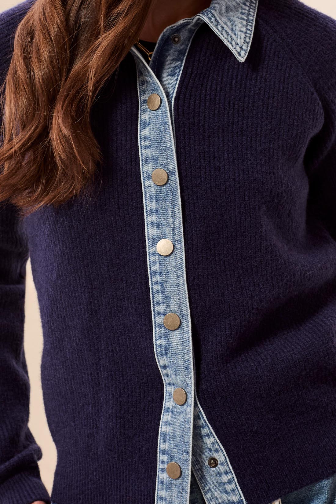 Tribal Mixed Media Sweater Jacket w/Denim Detail Night Fall 63500-5622-1625