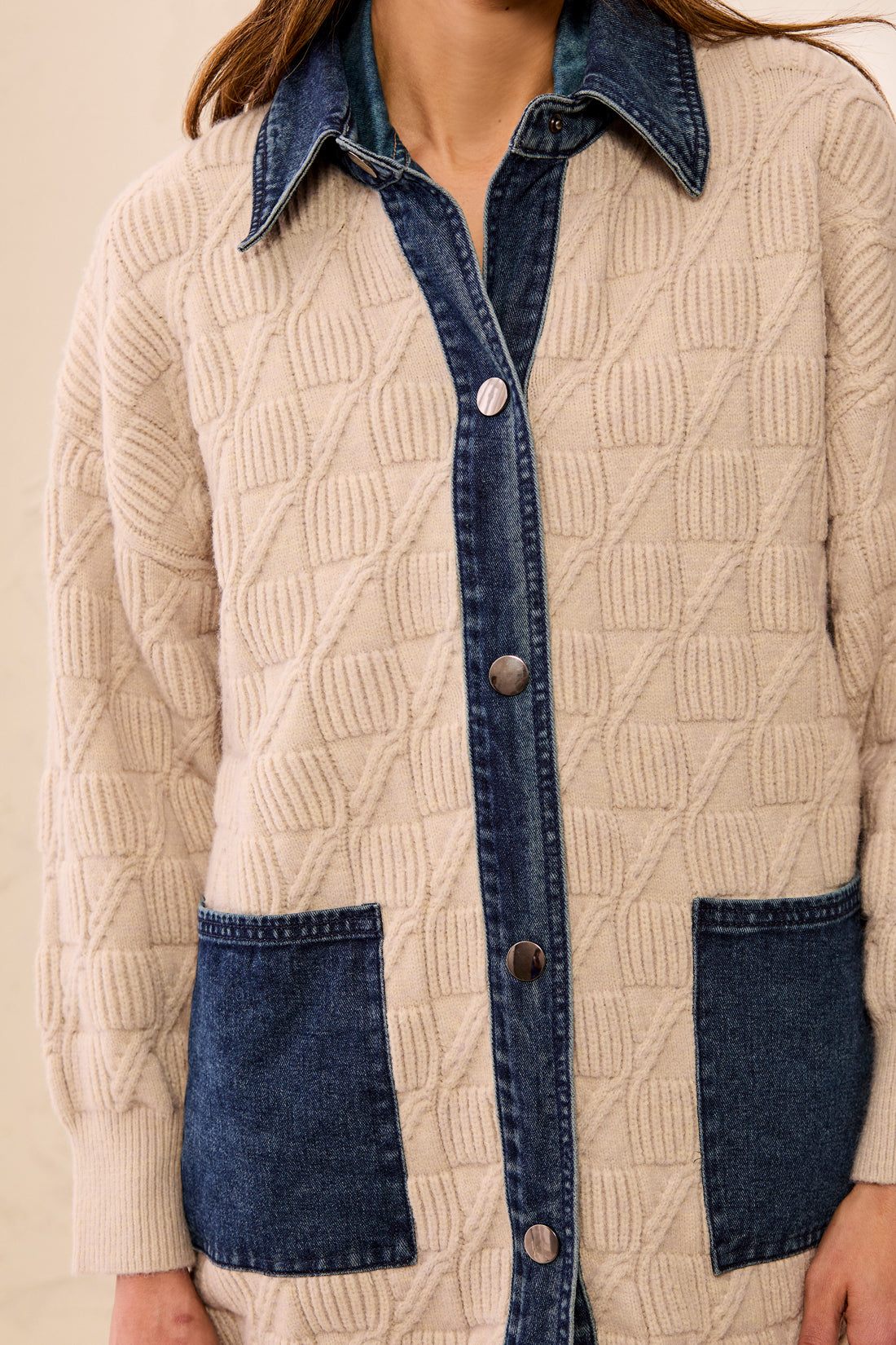 Tribal Mixed Media Sweater Coatigan w/Denim Detail Lt. Suede 63510-5622-3418