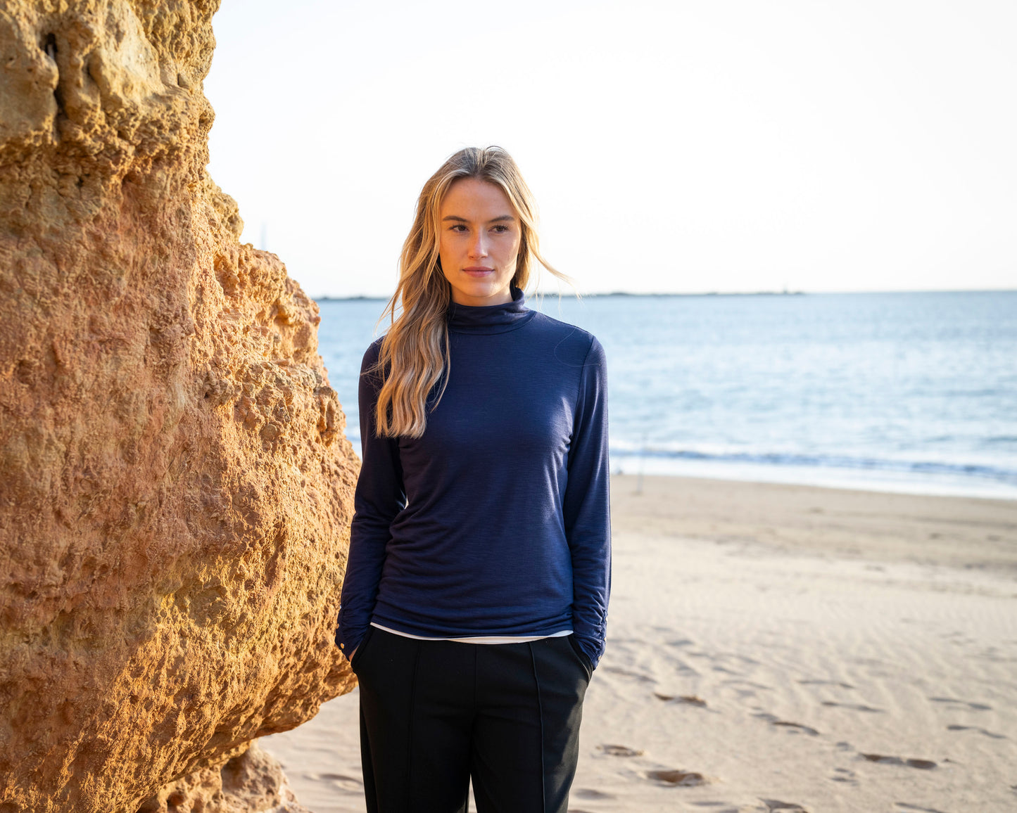 Marble Classic Fit Mock Neck Top w/Ruch Cuff & Branded Button Detail Navy 6400-103