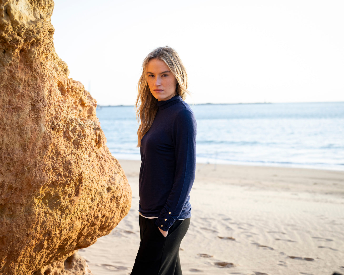 Marble Classic Fit Mock Neck Top w/Ruch Cuff & Branded Button Detail Navy 6400-103