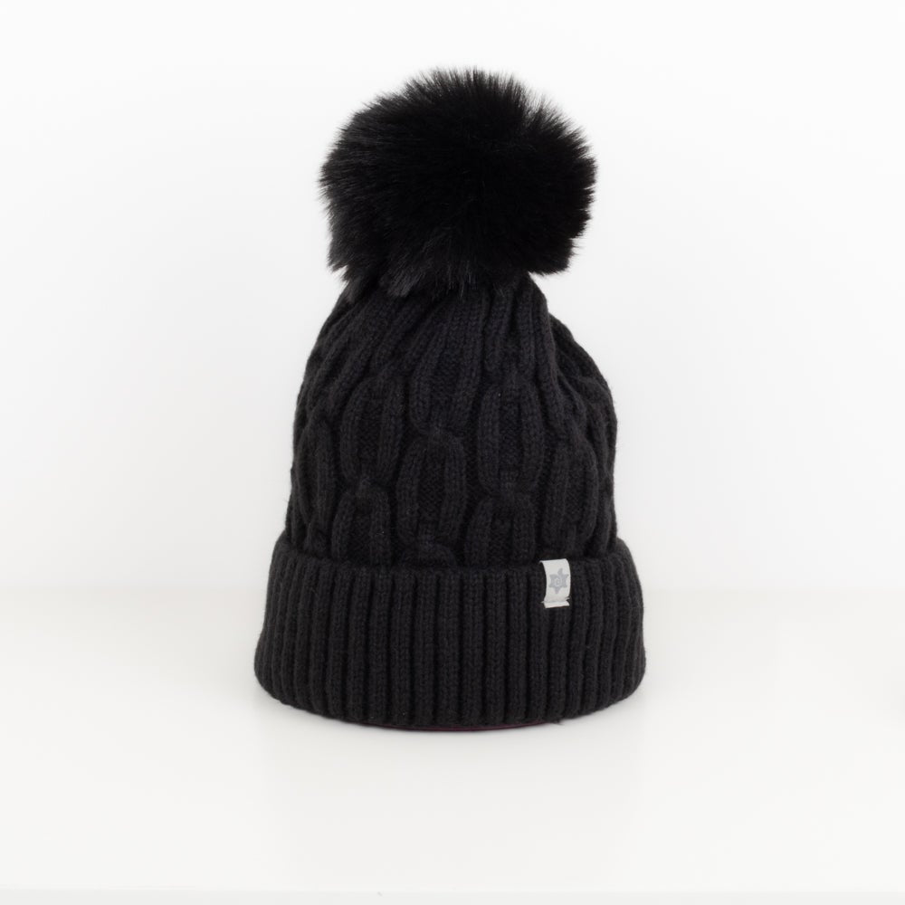 Caracol Cable Knit Fleece Lined Toque w/Faux Fur Pom Black 8002-BLK
