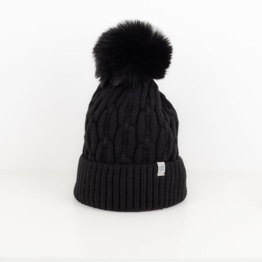 Caracol Cable Knit Fleece Lined Toque w/Faux Fur Pom Black 8002-BLK