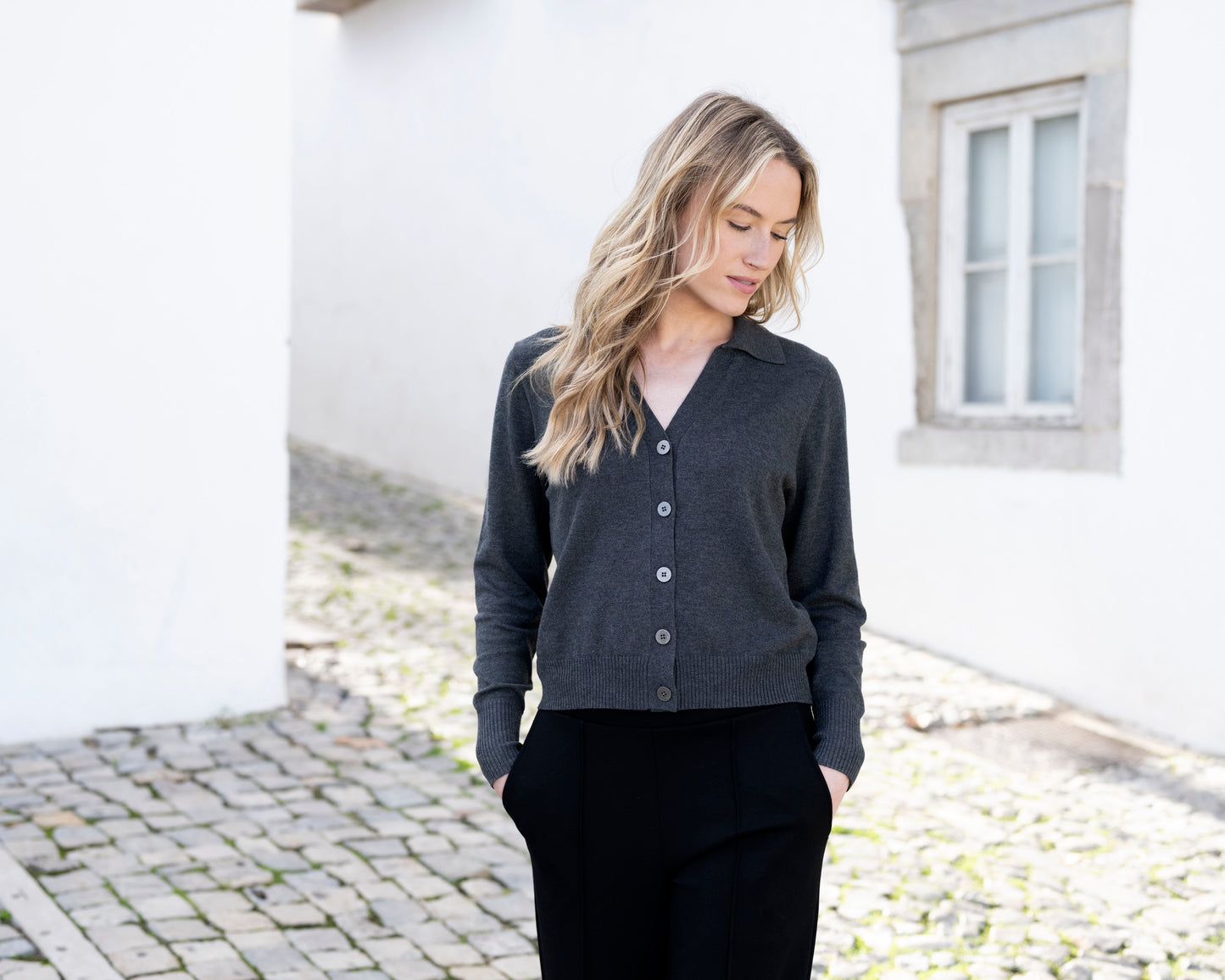 Marble Button Front V-Neck Cardigan Charcoal 8005-105
