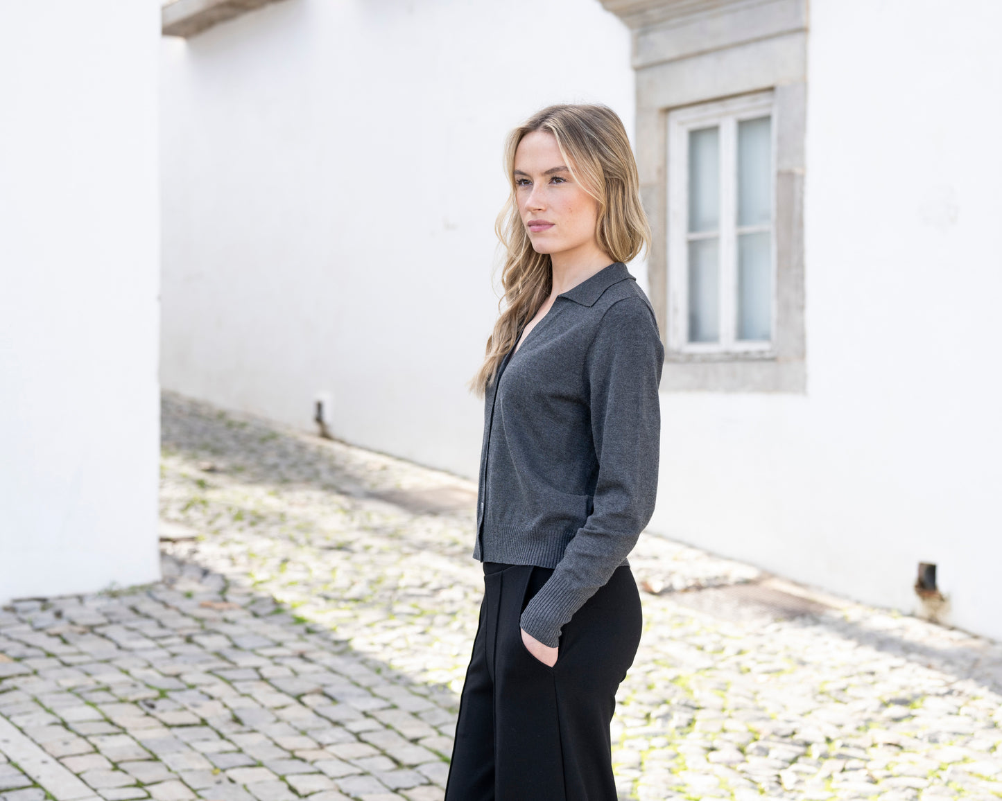 Marble Button Front V-Neck Cardigan Charcoal 8005-105