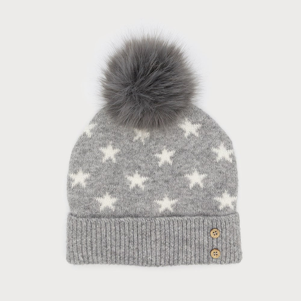 Caracol Soft Beanie w/Pom-Pom Star Pattern Grey 8014-GRY