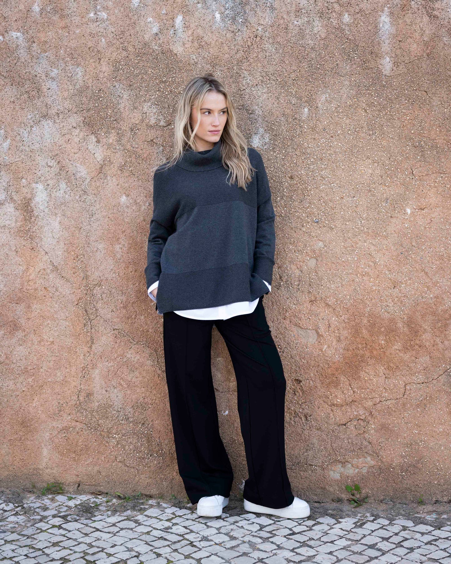 Marble Oversized Cowl Neck Sweater Charcoal 8077-105