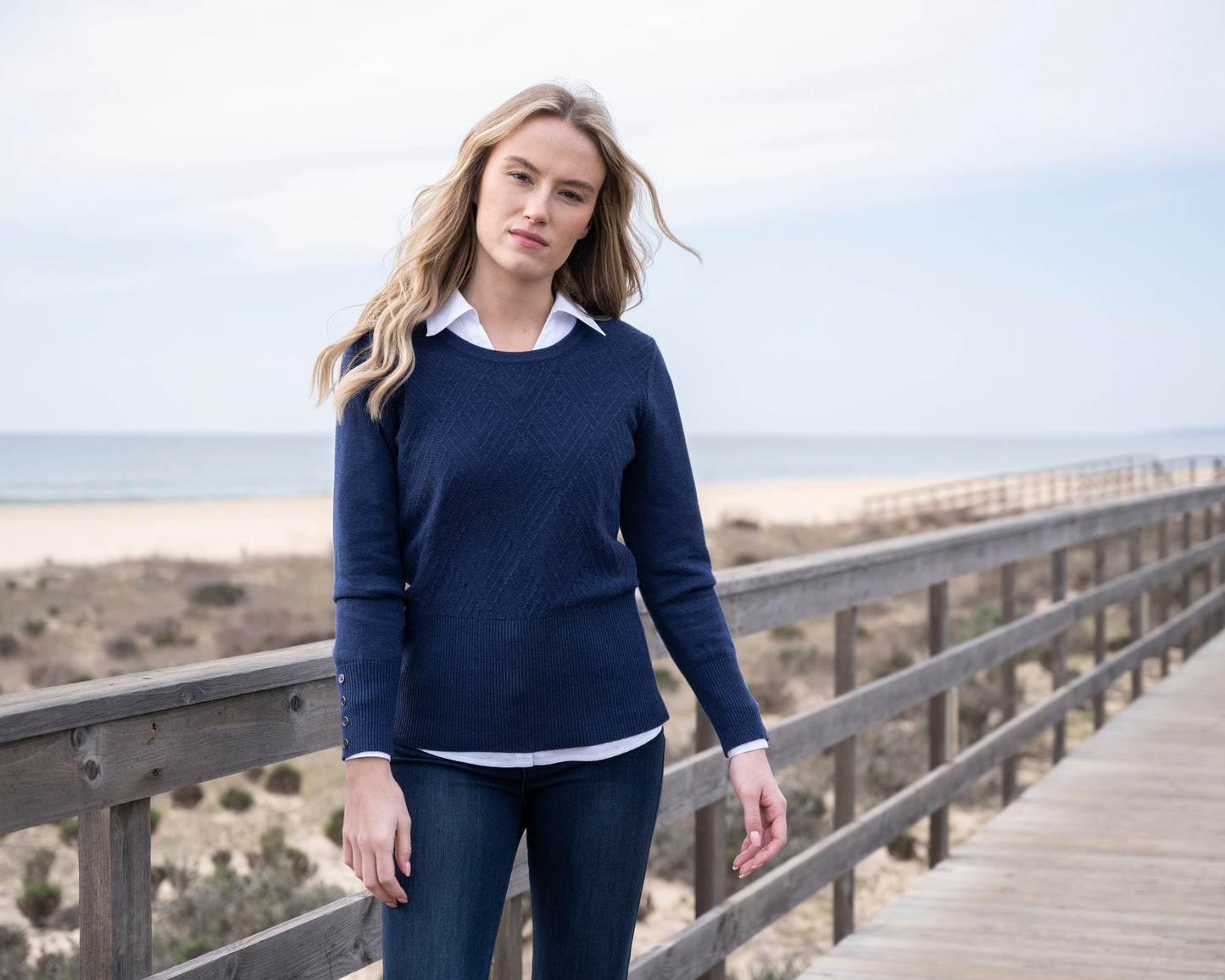 Marble Classic Fit Knit Sweater w/Detachable Collar Navy 8092-103