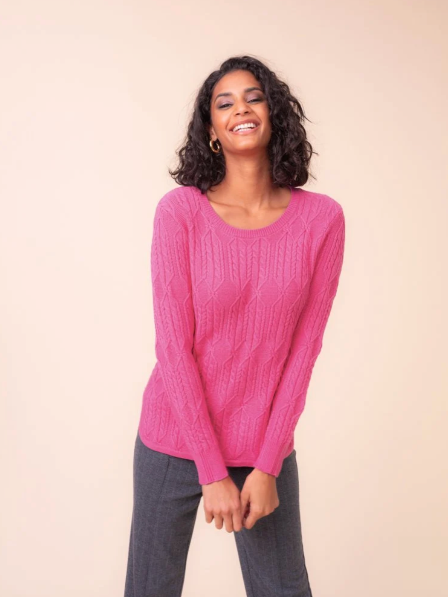 Alison Sheri Cable Knit Sweater w/Removable Scarf Fuchsia A48068