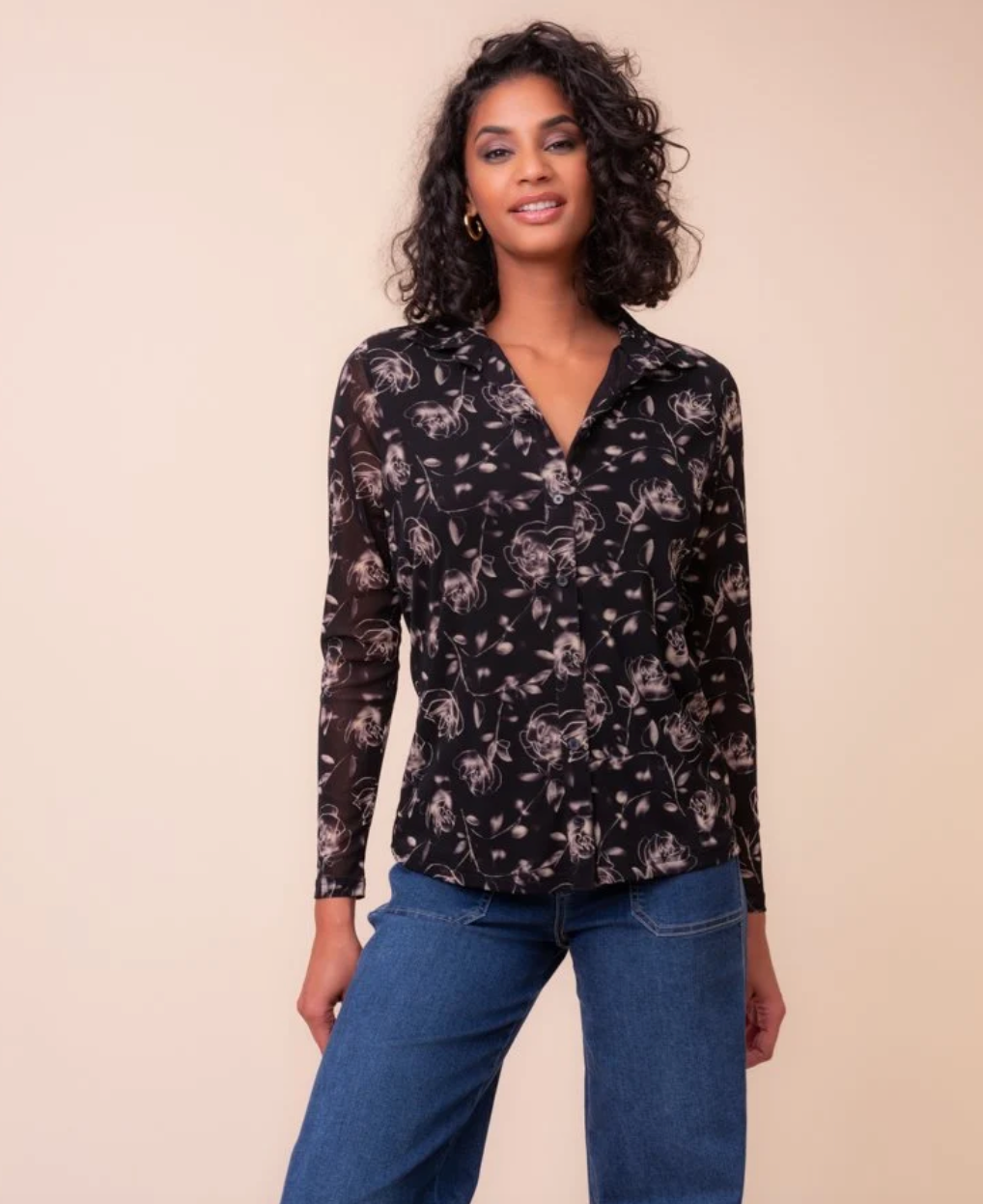 Alison Sheri Floral Sheet Button Front Blouse Black A48073