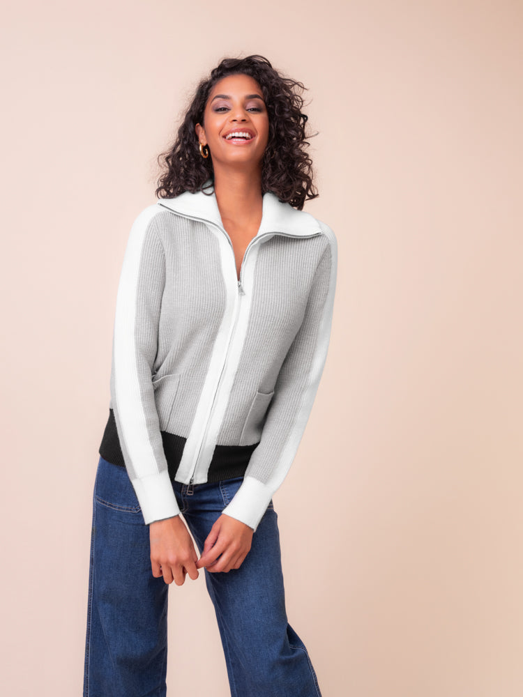 Alison Sheri Zip Front Rib Knit Cardigan Grey/Black/Cream A48225