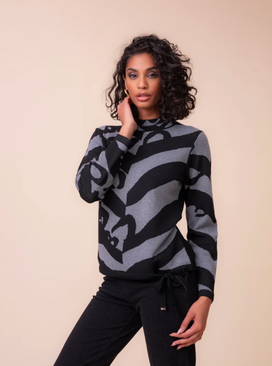Alison Sheri Crew Neck Sweater w/Tie Detail Grey/Black A48248