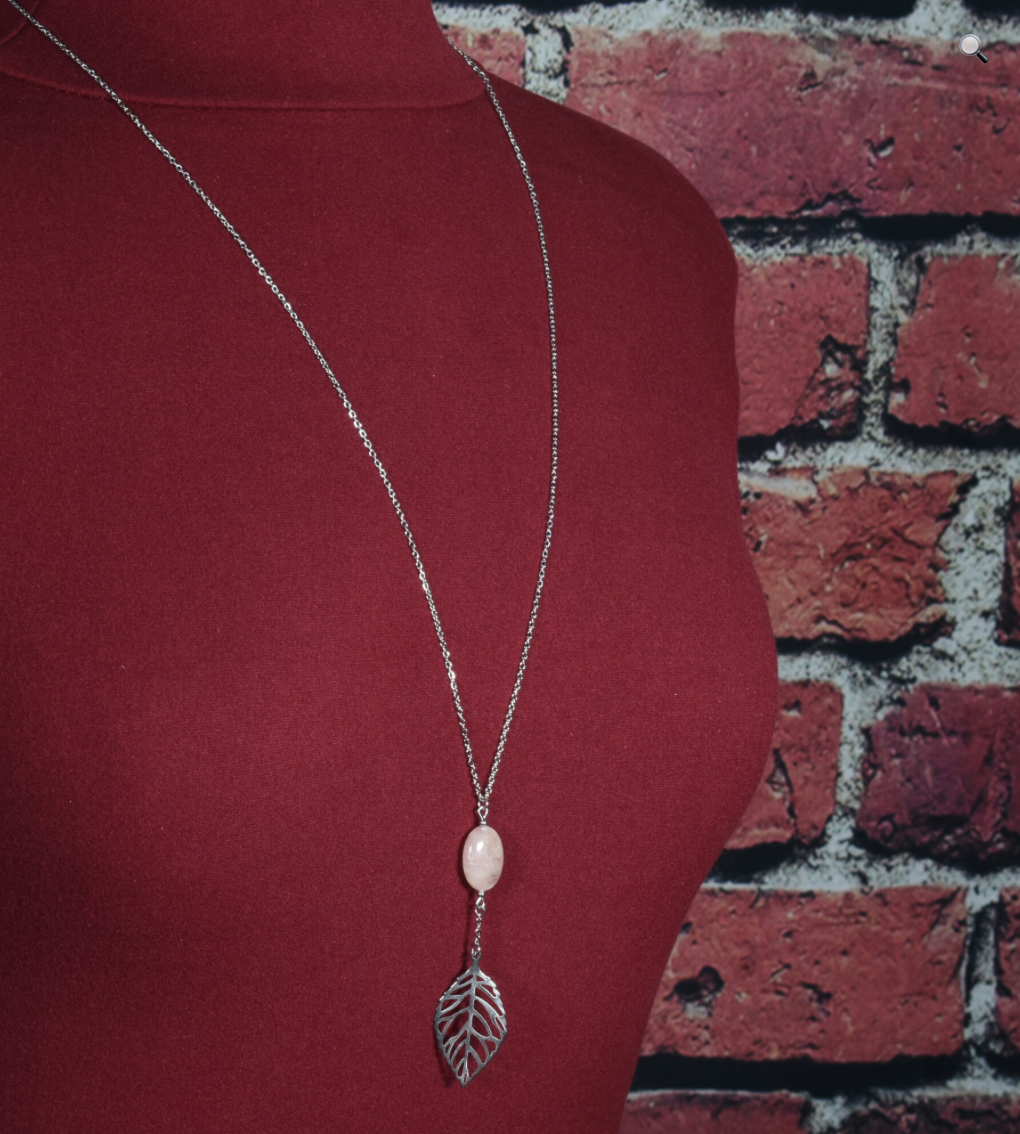 J&J Designs Leaf with Rose Quartz Necklace Silver 55819 AURORA