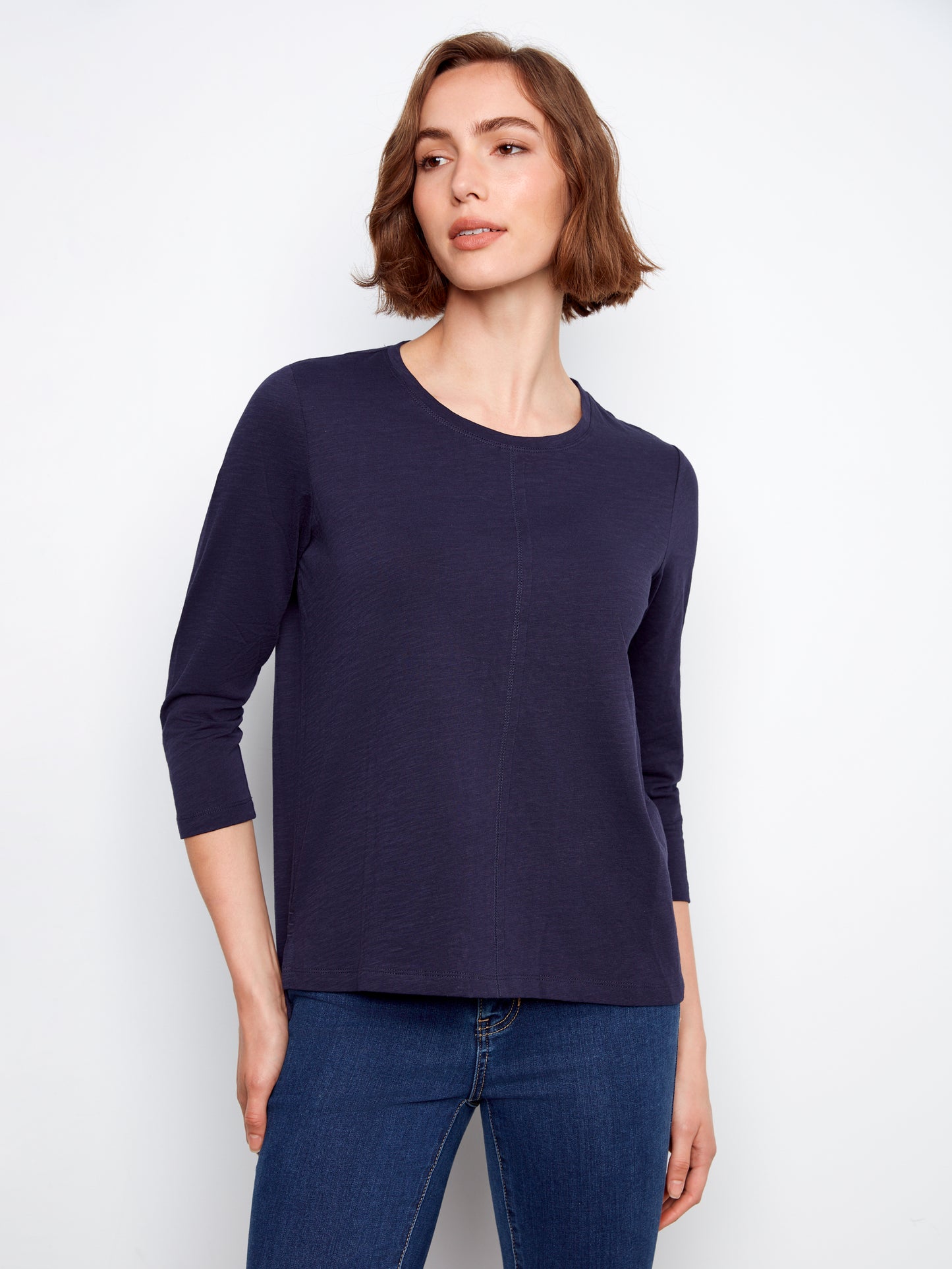 Charlie B 3/4 Sleeve Organic Cotton Jersey Top Navy C1293TPK-463B-117